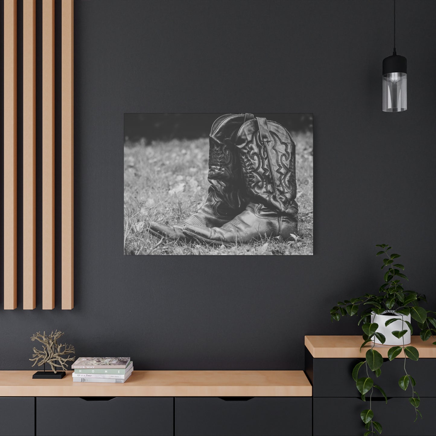 Western Cowboy Boots Matte Canvas Wall Art – Black & White Rustic Country Decor
