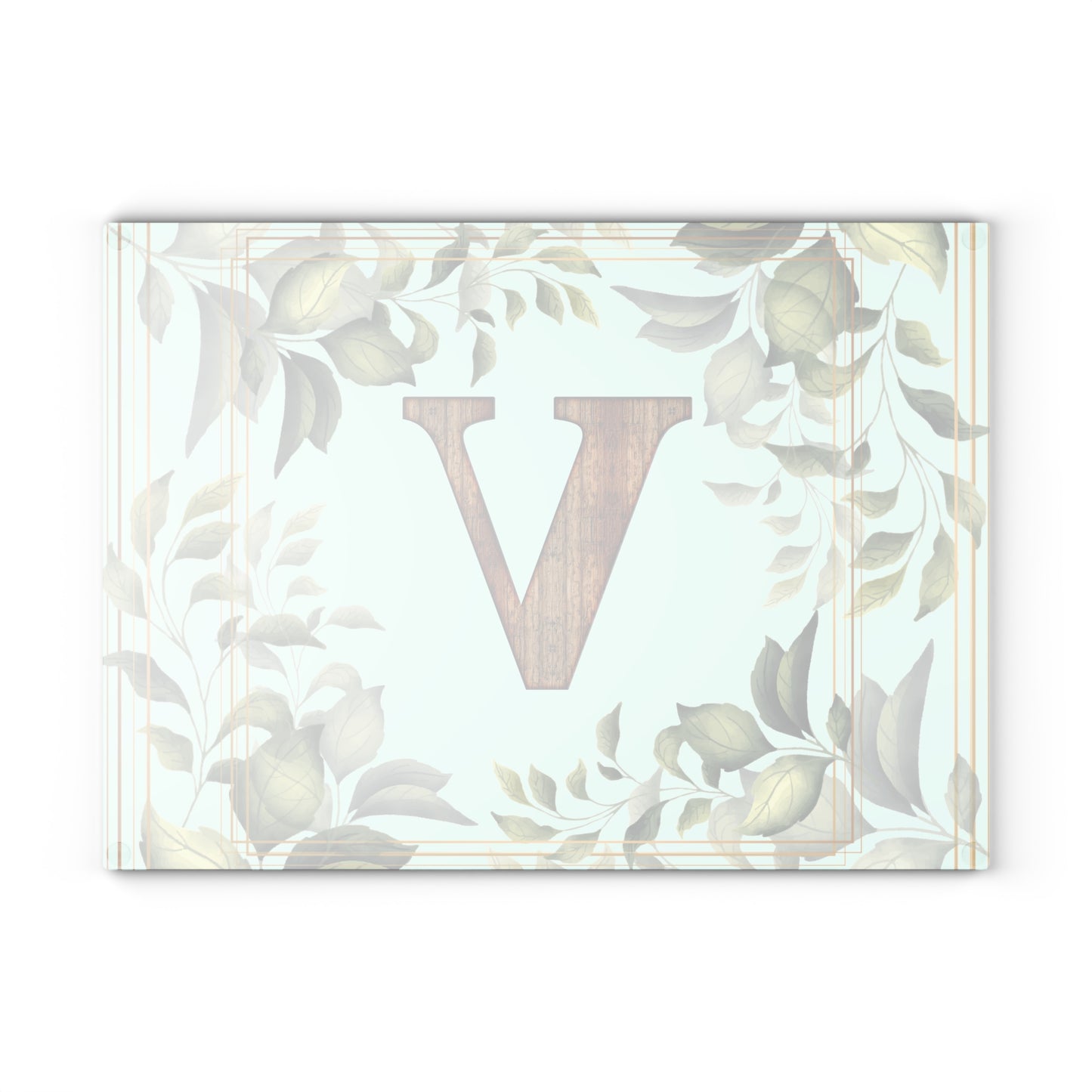 Monogram Glass Cutting Board — Rustic Wood “V” with Greenery Border