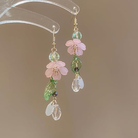 Pink Flower Necklace Earrings Set for Women Cherry Blossom Floral Pearl Pendant
