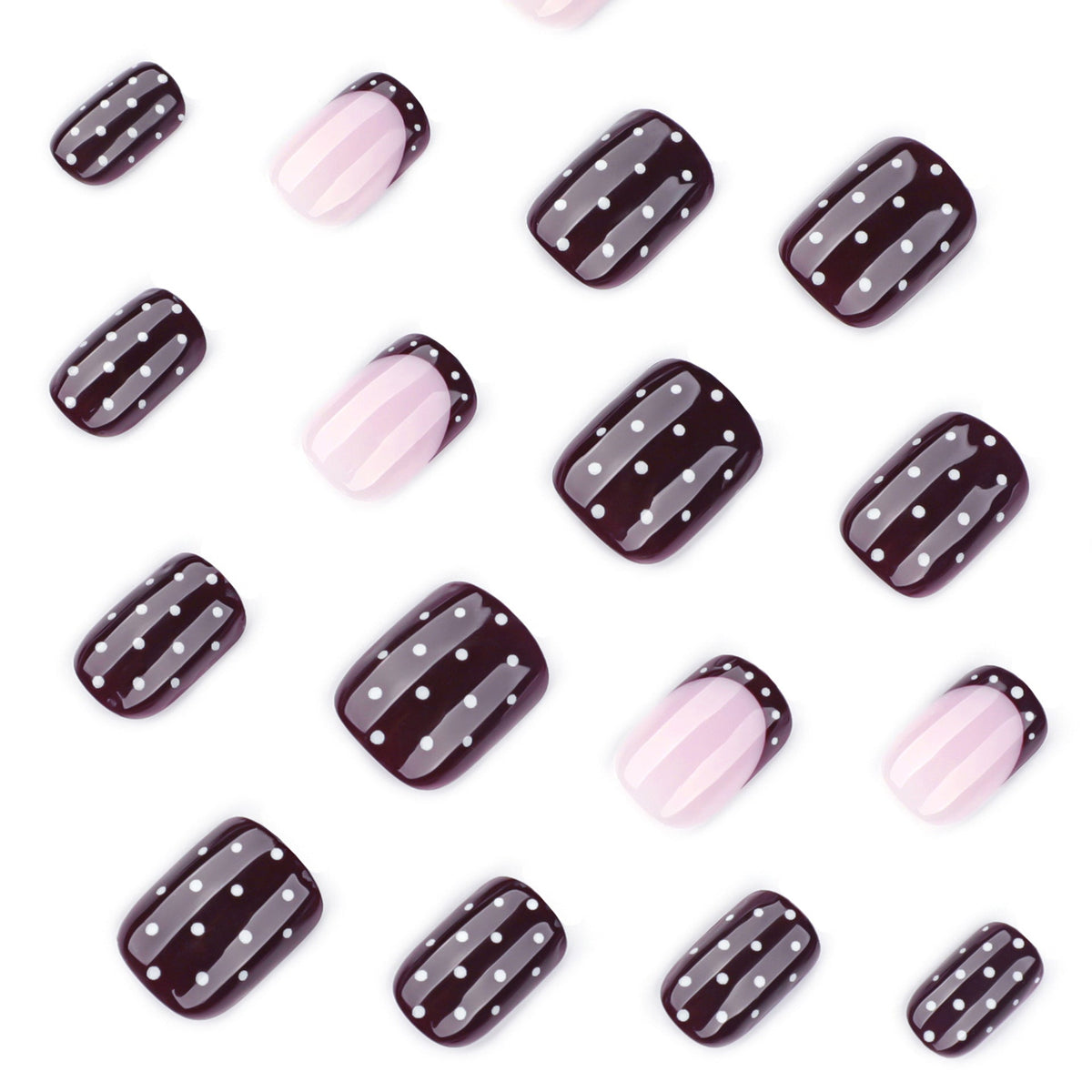 Autumn/winter wine red press-on nails with white polka dot design - short square shape – Image 3
