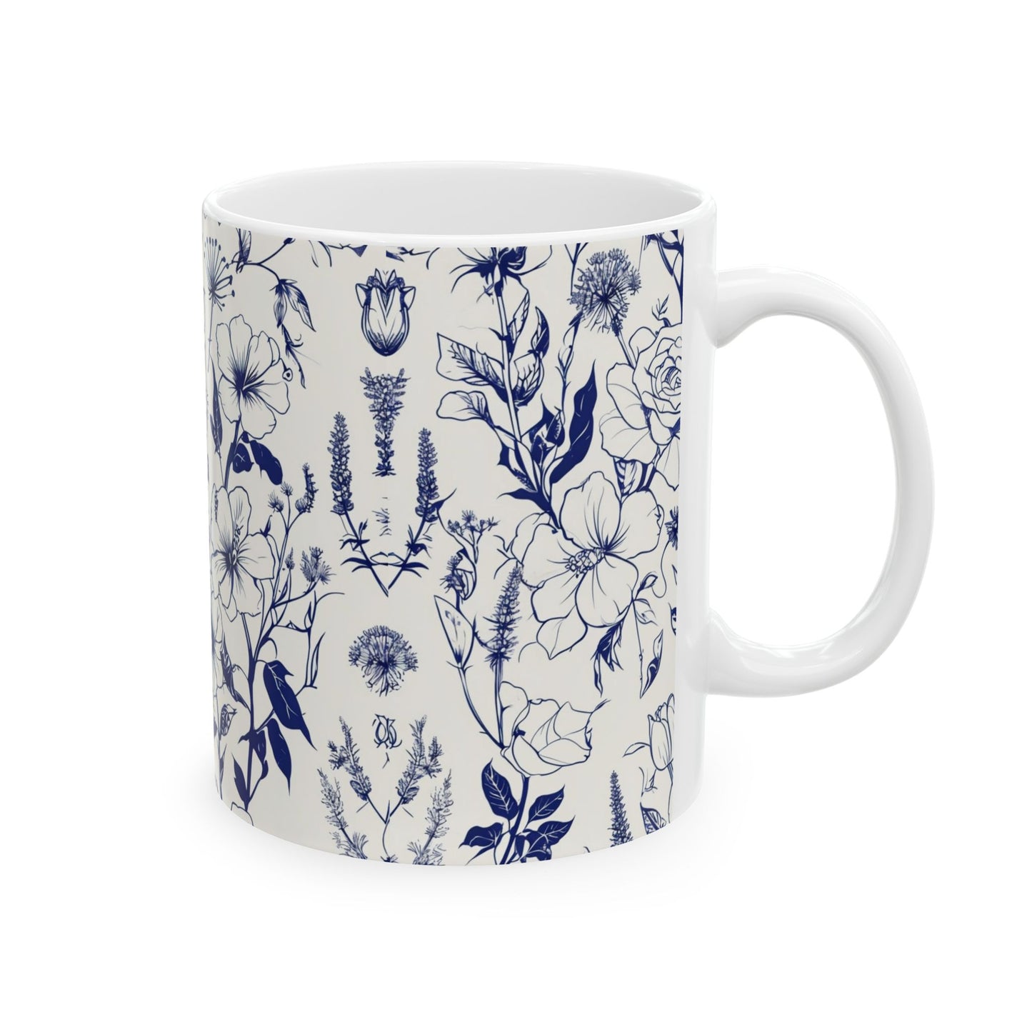 Blue Floral Ceramic Mug — Vintage Navy Botanical Coffee Cup (11oz, 15oz)