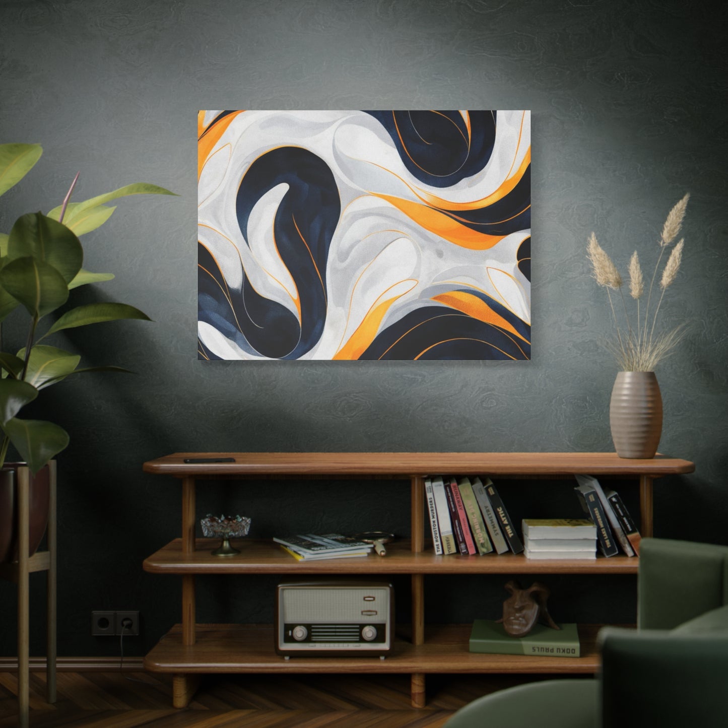 Abstract Fluid Art Matte Canvas Print — Navy, Gold & White Stretched Wall Art