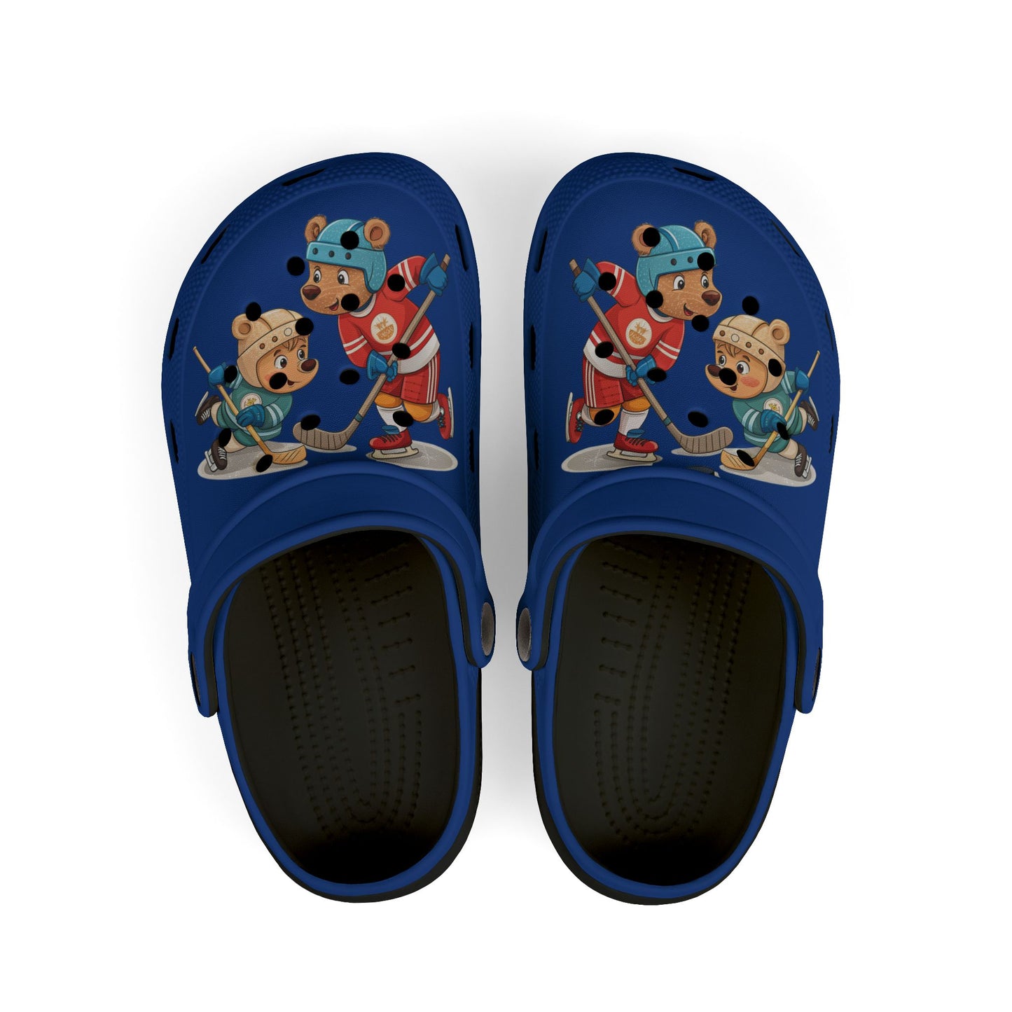 Kids Hockey Bear EVA Foam Clogs — Blue All-Over-Print Slip-On Shoes