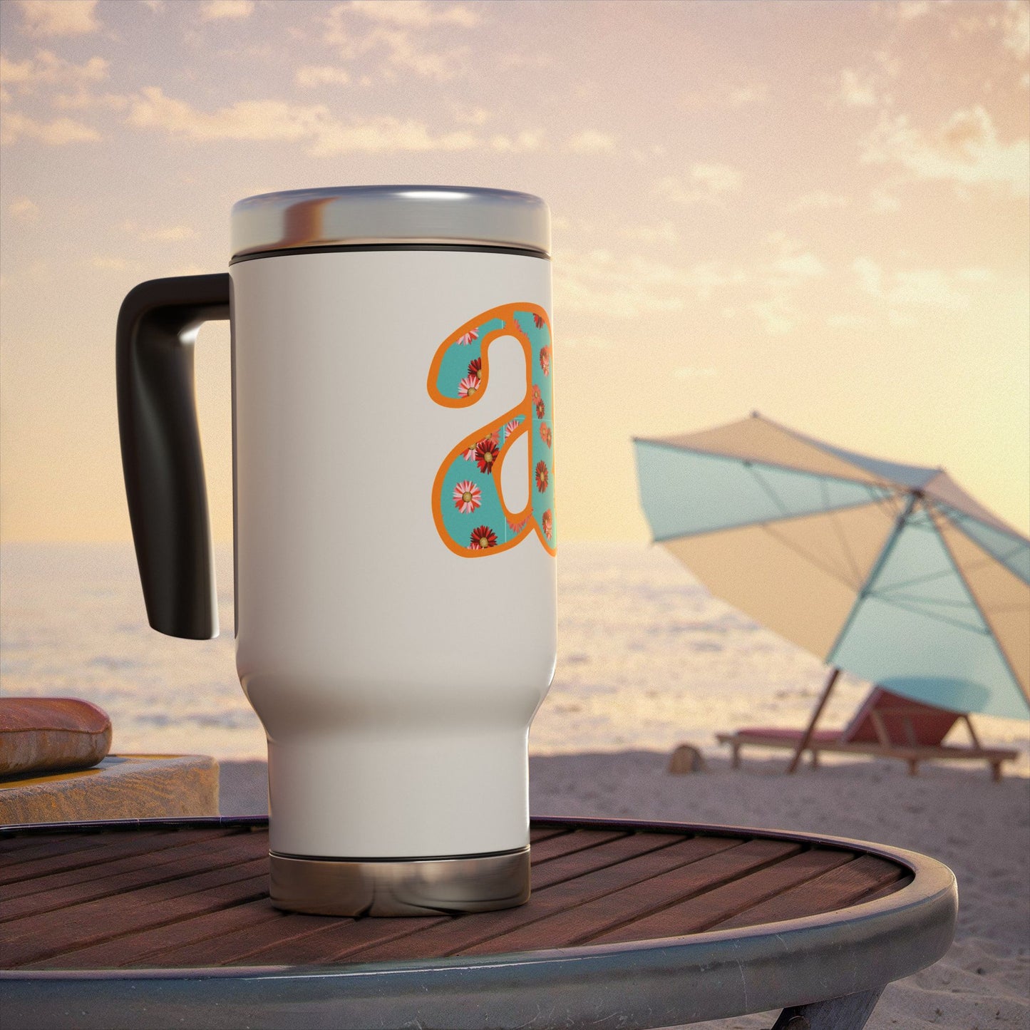 Floral Monogram 'a' Stainless Steel Travel Mug with Handle — 14oz