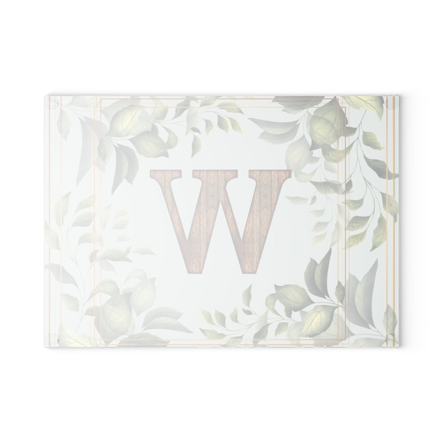 Monogram Glass Cutting Board — Rustic Wood 'W' with Greenery Border