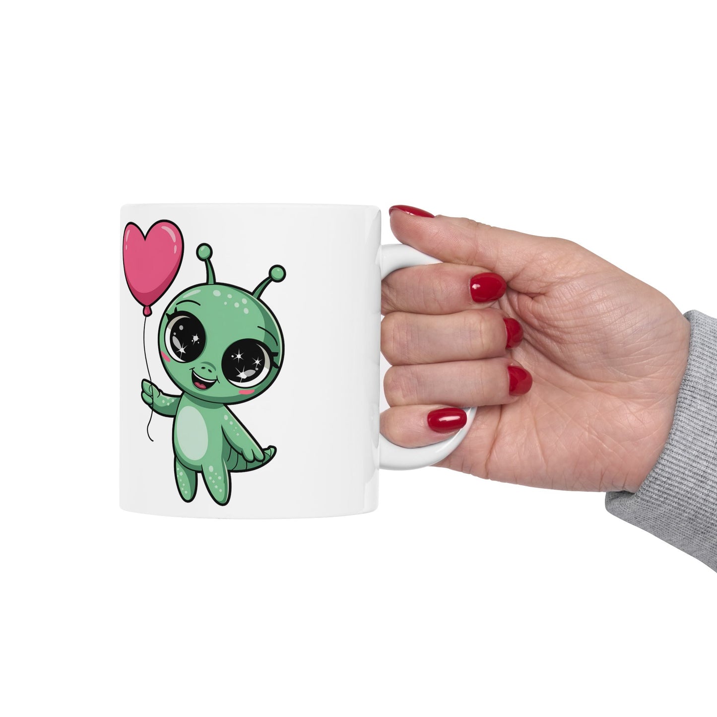 Cute Alien Holding Heart Balloon Ceramic Mug — 11oz & 15oz Gift Mug