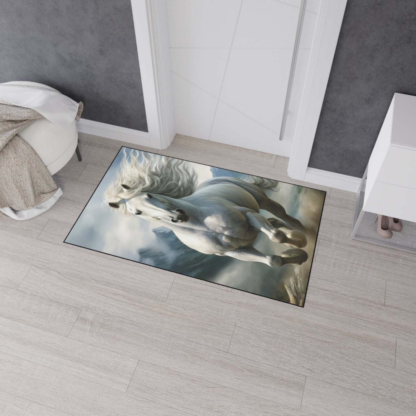 Majestic White Horse Heavy-Duty Floor Mat — Running Stallion Rug for Entryway & Stable