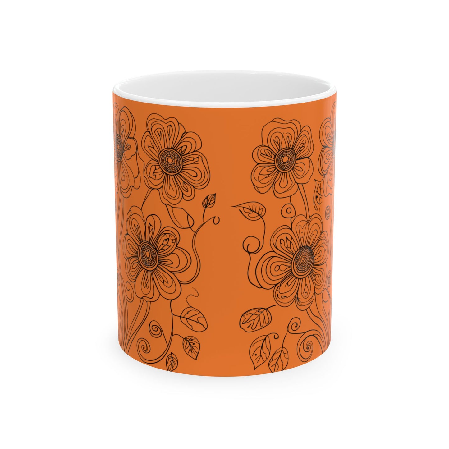 Orange Floral Ceramic Mug — Hand-Drawn Flower Pattern Coffee Tea Cup (11oz, 15oz)