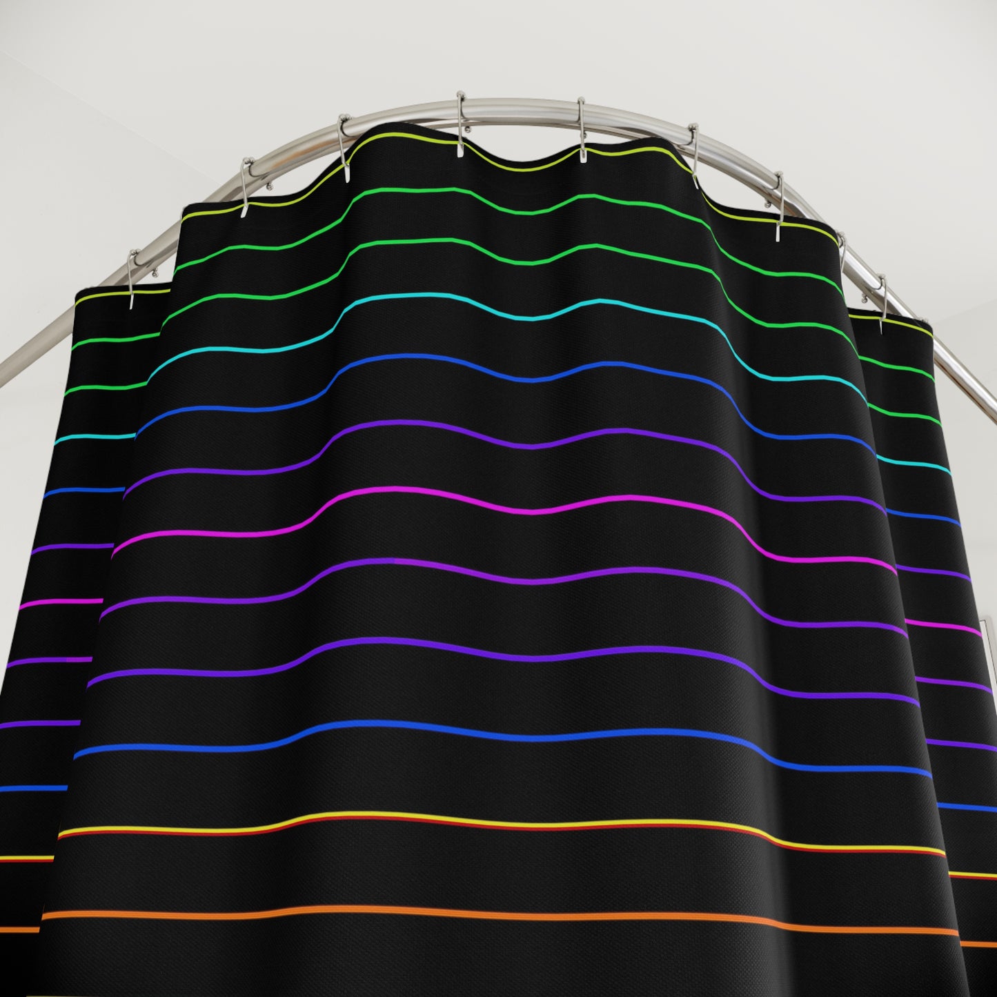 Neon Rainbow Stripe Shower Curtain — Black Background, Modern Geometric Bathroom Decor
