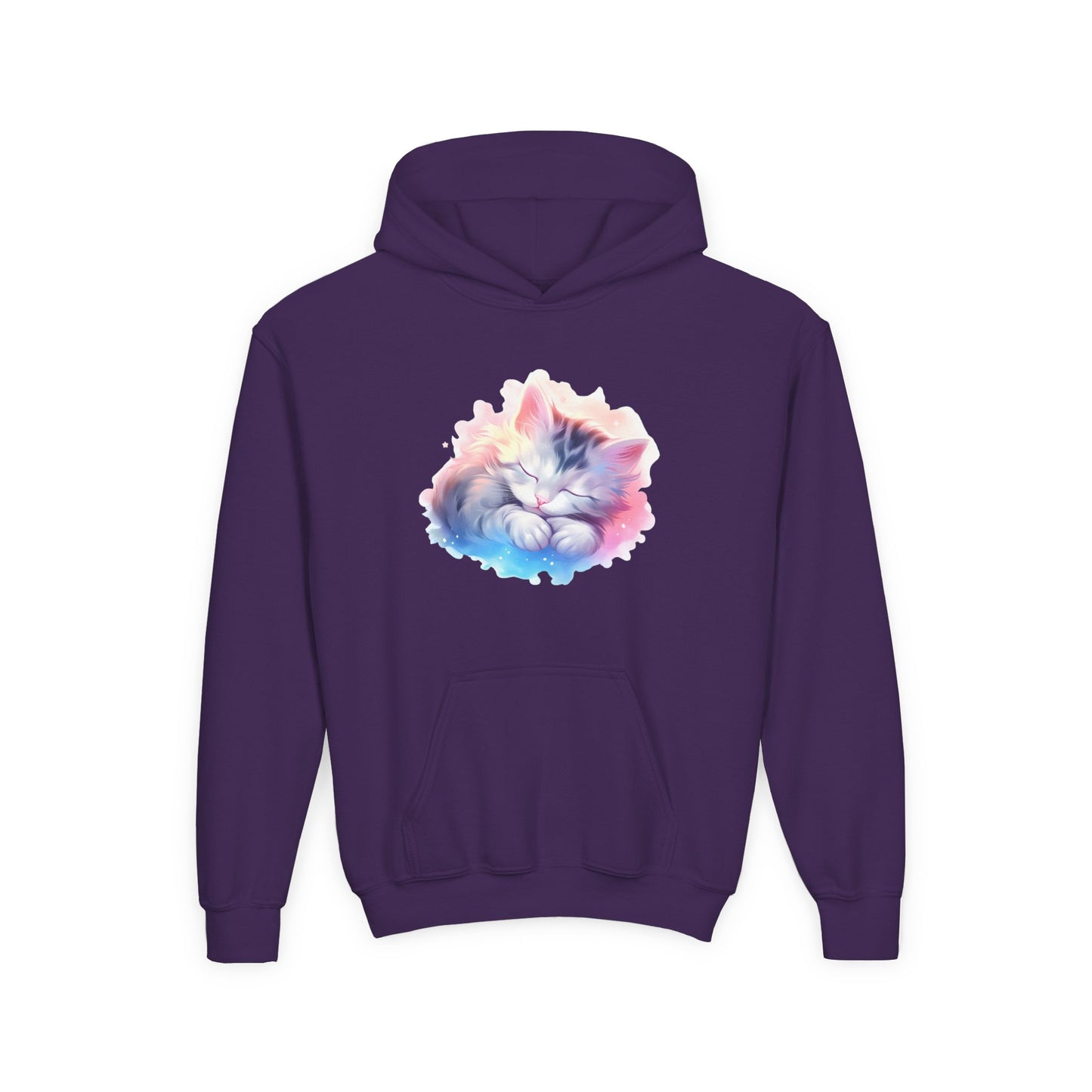 Kids' Cozy Rainbow Kitten Hoodie — Cute Sleeping Cat Youth Sweatshirt