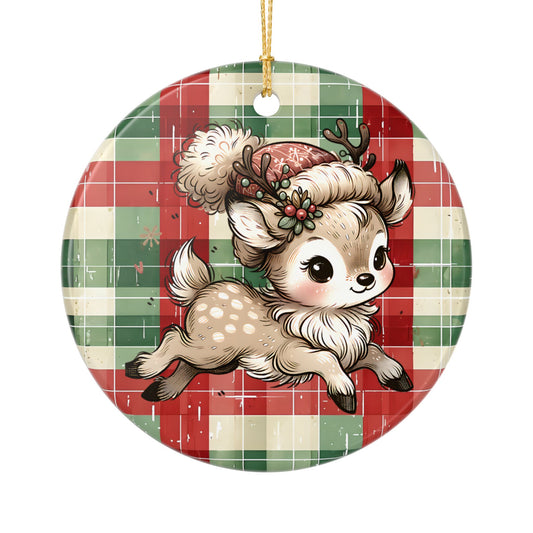 Cute Reindeer Plaid Ceramic Christmas Ornament (Double-Sided)
