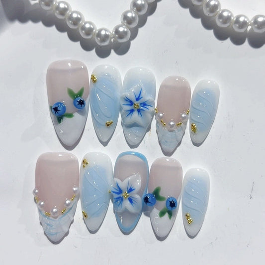 Blueberry Breeze: "Azure Berry Bloom" – Almond Press-On Nails