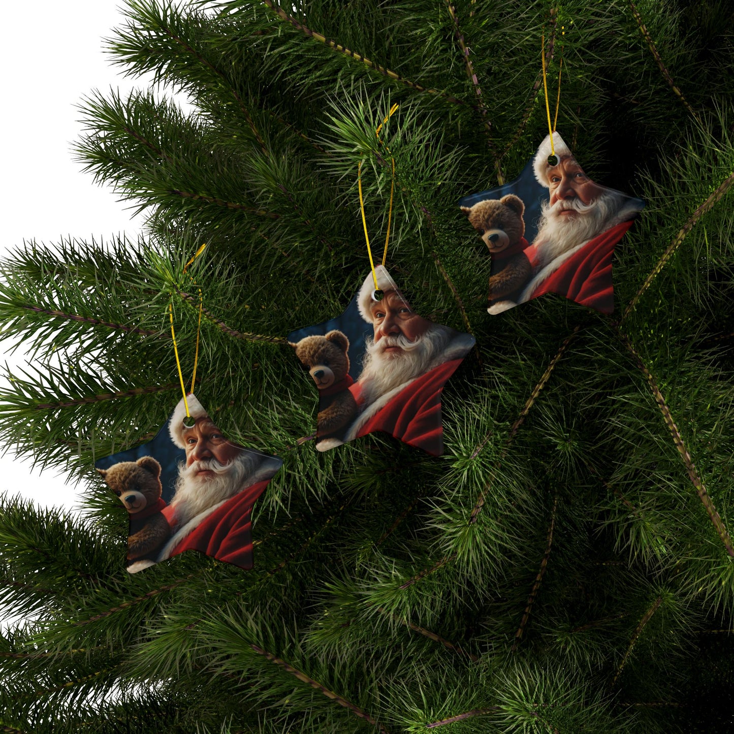 Santa Bear Ceramic Ornaments - 2-Sided Christmas Decor, Holiday Gifts, Tree Decorations, Set of 1, 3, 5, 10