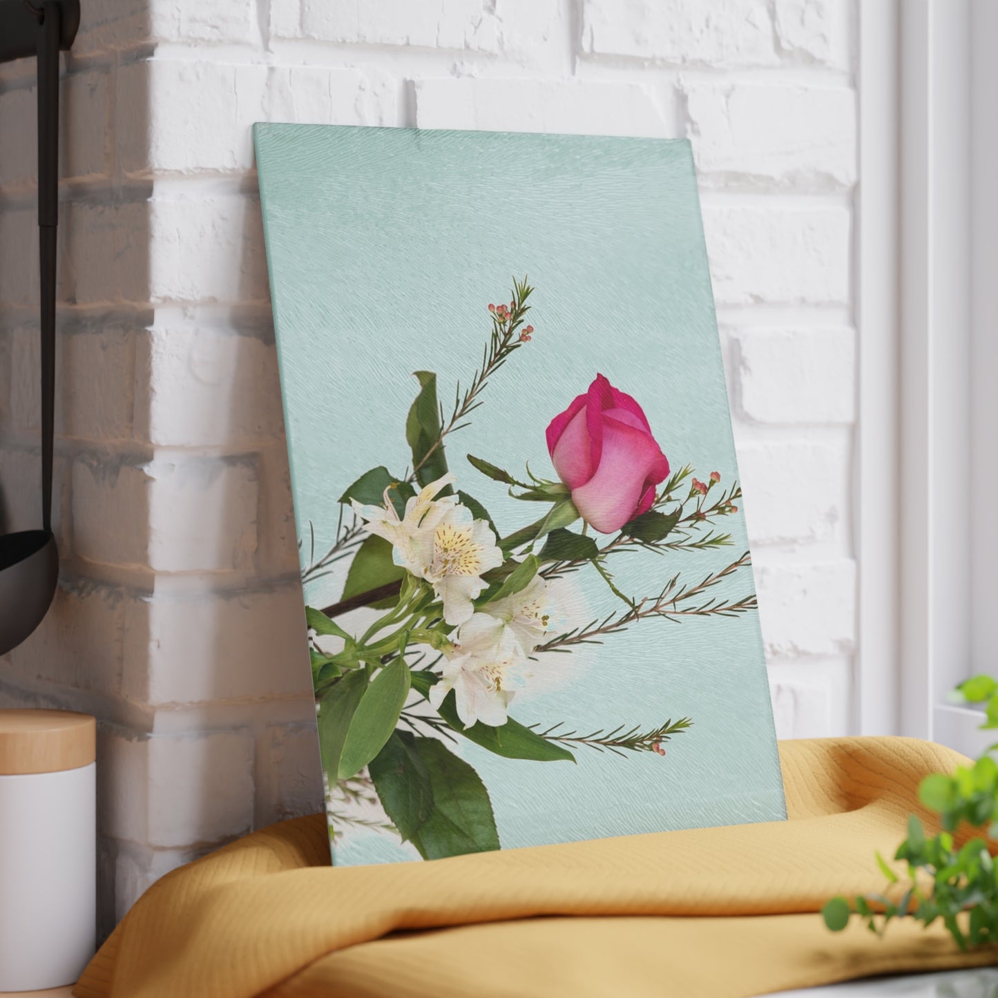 Floral Glass Cutting Board — Pink Rose on Mint Kitchen Prep Surface
