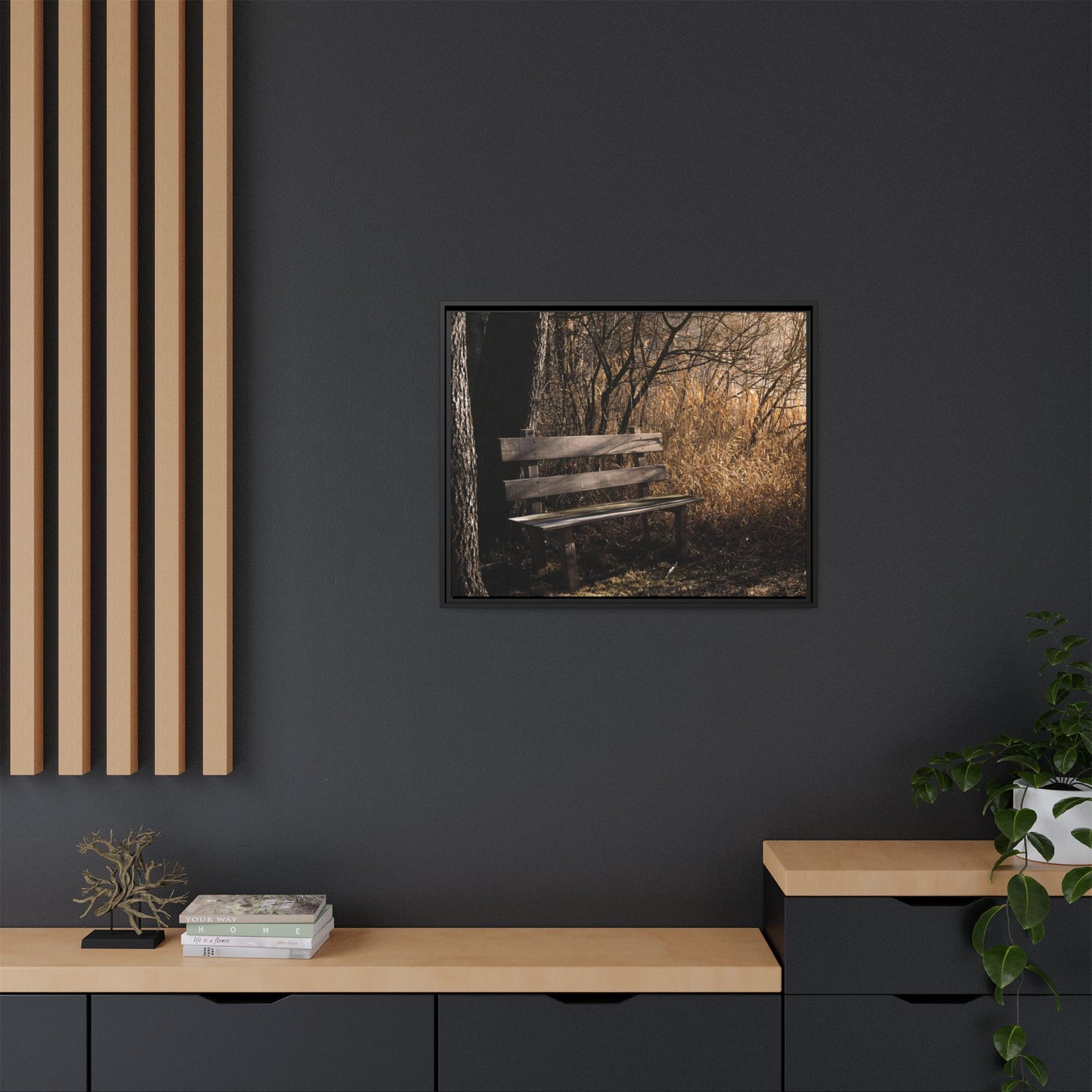 Framed Matte Canvas Print — Autumn Park Bench Photography