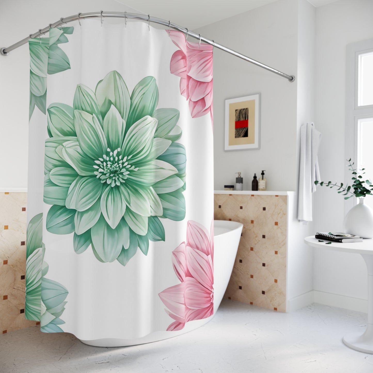 Floral Dahlia Shower Curtain — Soft Green & Pink Bathroom Decor