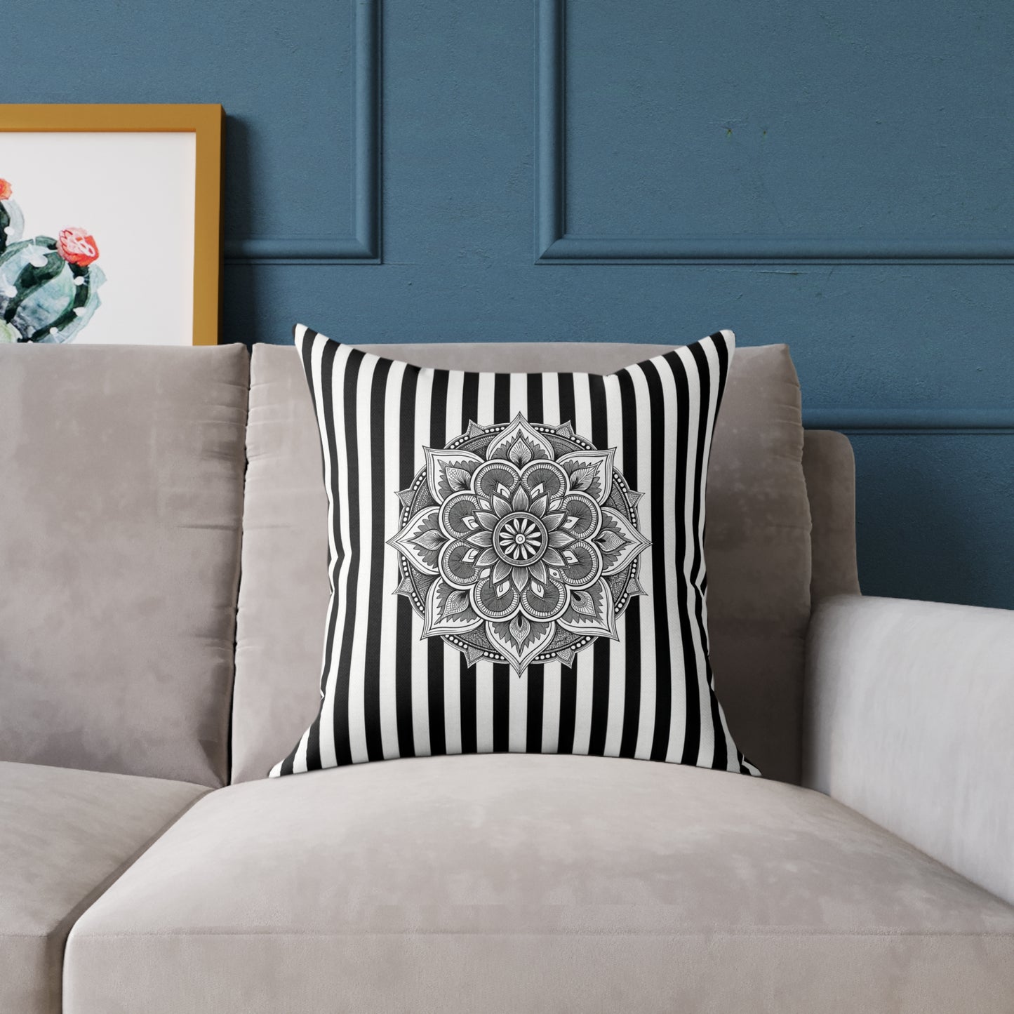 Boho Black & White Striped Mandala Pillow - Square Decorative Throw Cushion