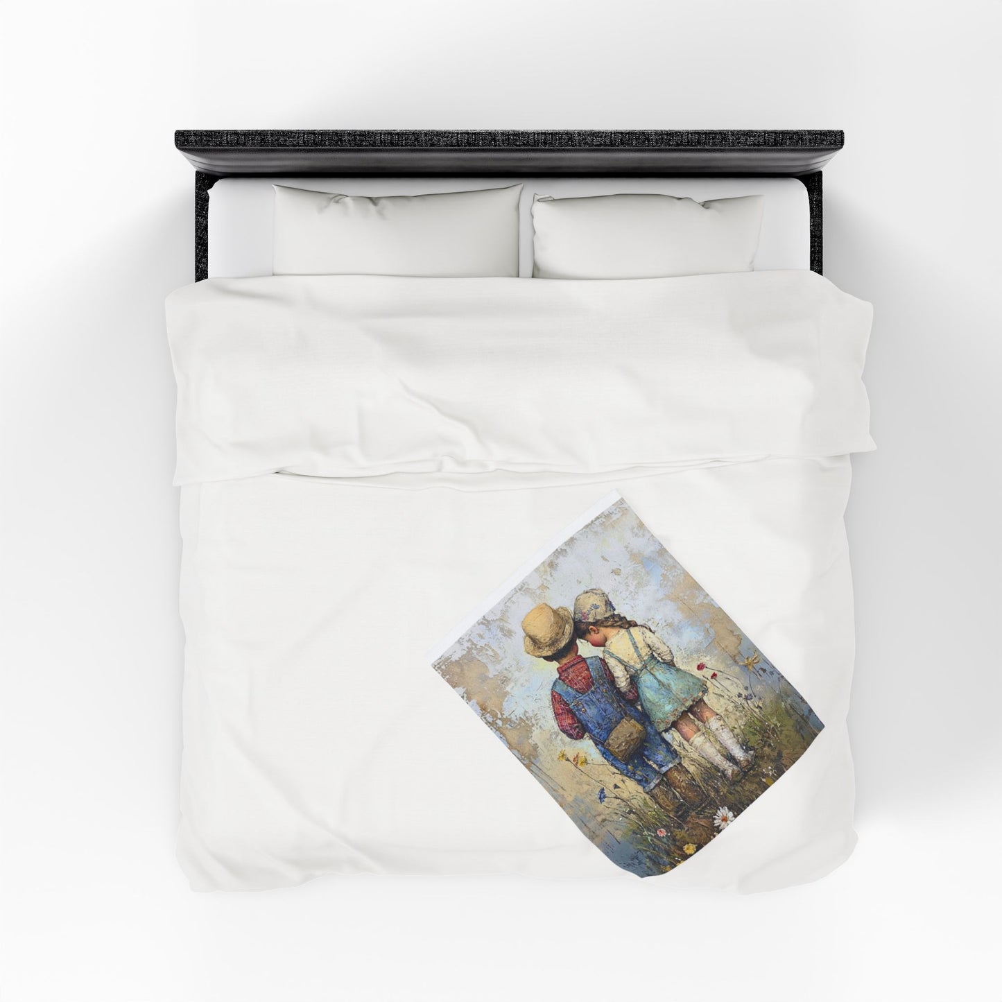 Vintage Children Standing Together Velveteen Plush Blanket — Rustic Nursery Throw