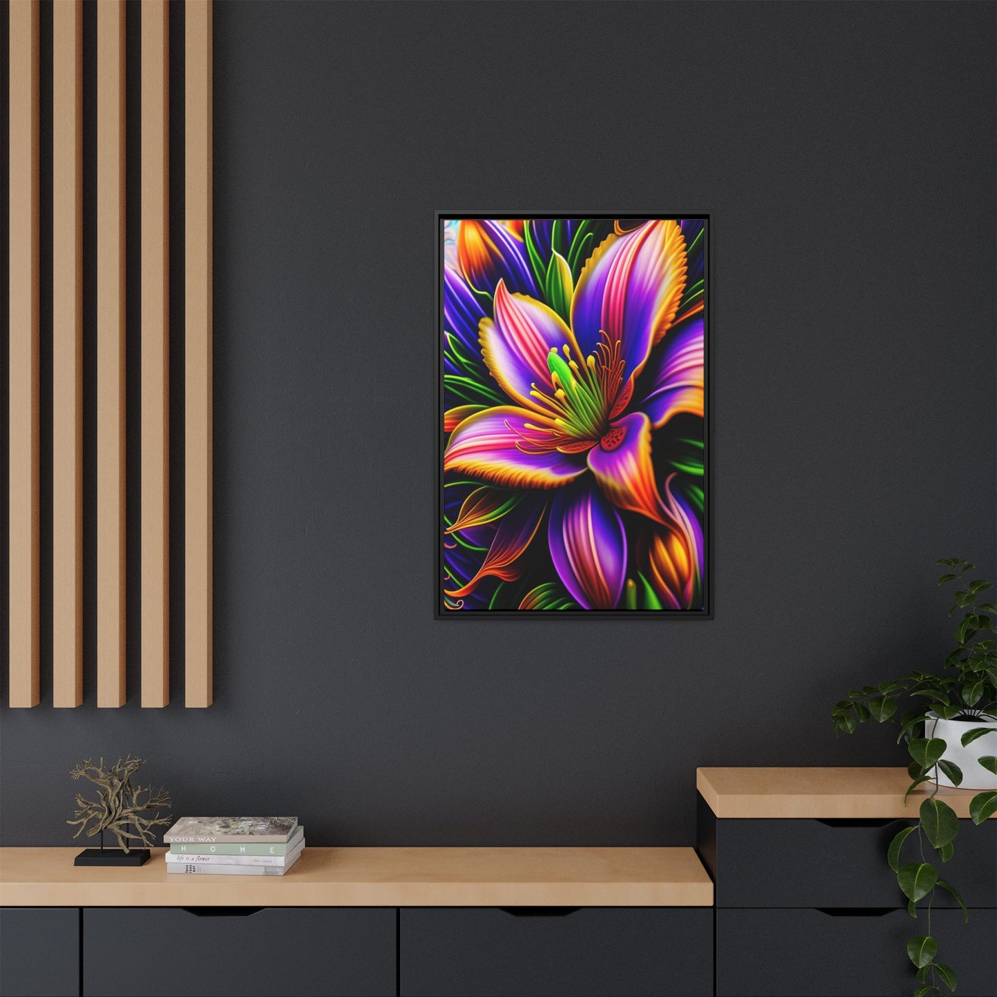 Vibrant Neon Floral Matte Canvas Print — Framed Wall Art