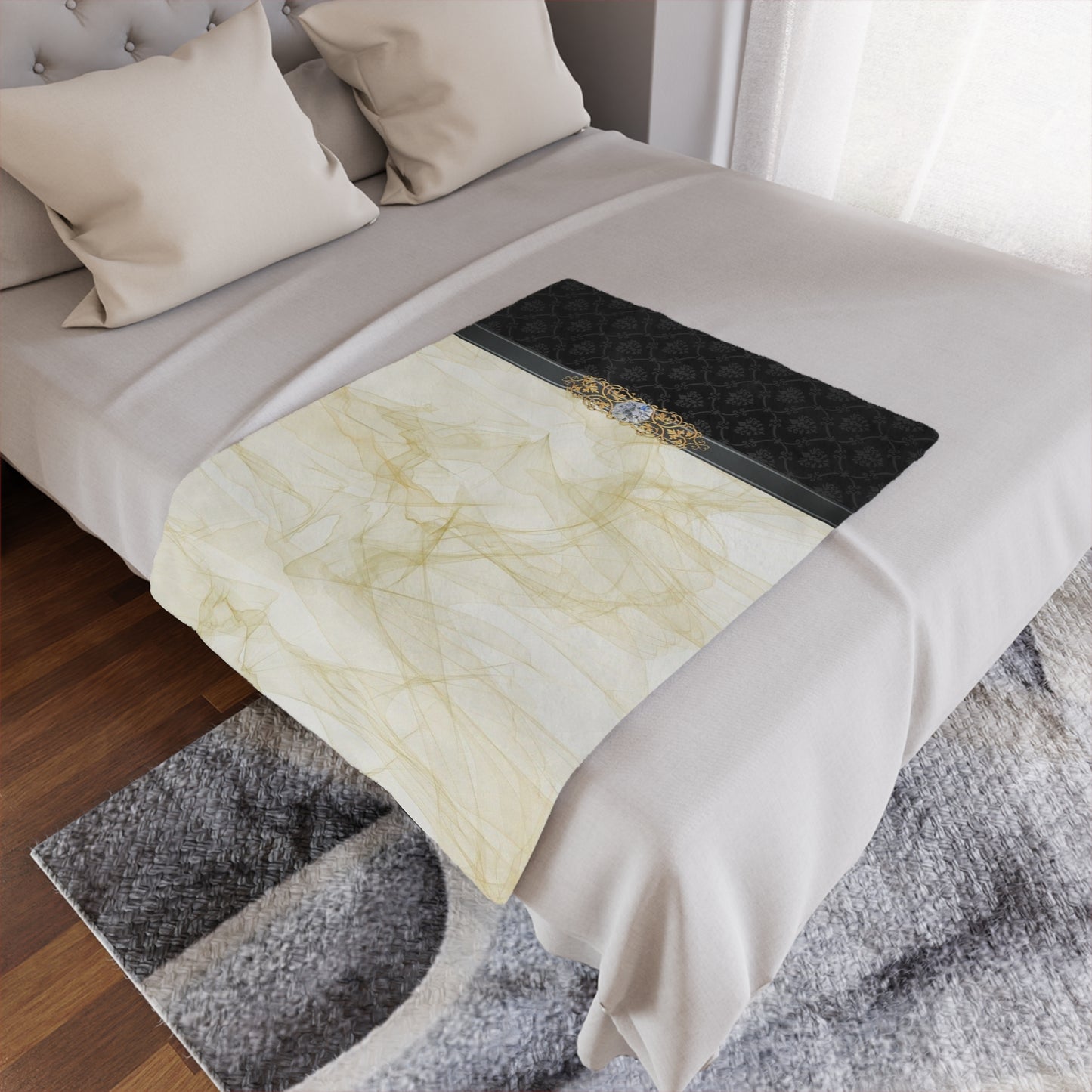 Luxury Gold Smoke Minky Blanket — Elegant Damask Accent with Ornate Gem Detail