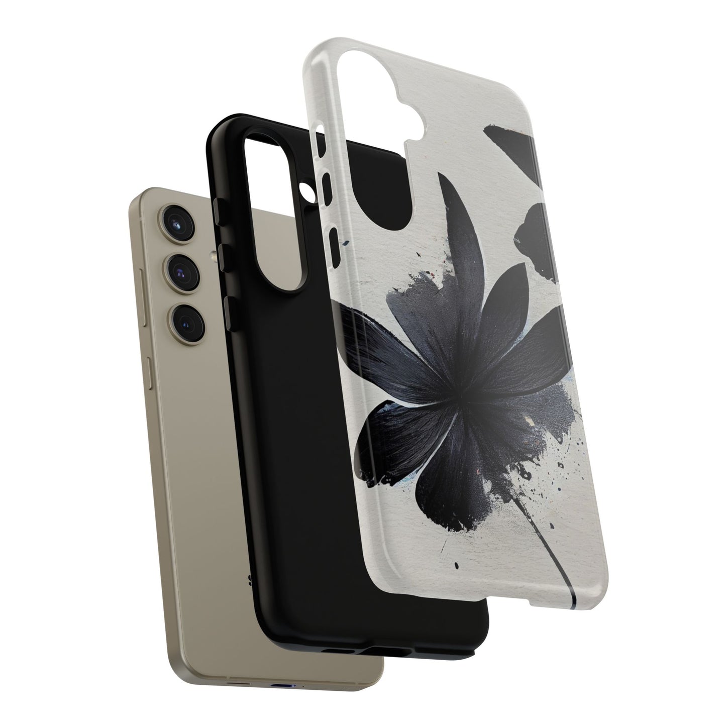 Monochrome Floral Tough Phone Case — Black Ink Flower Protective Cover