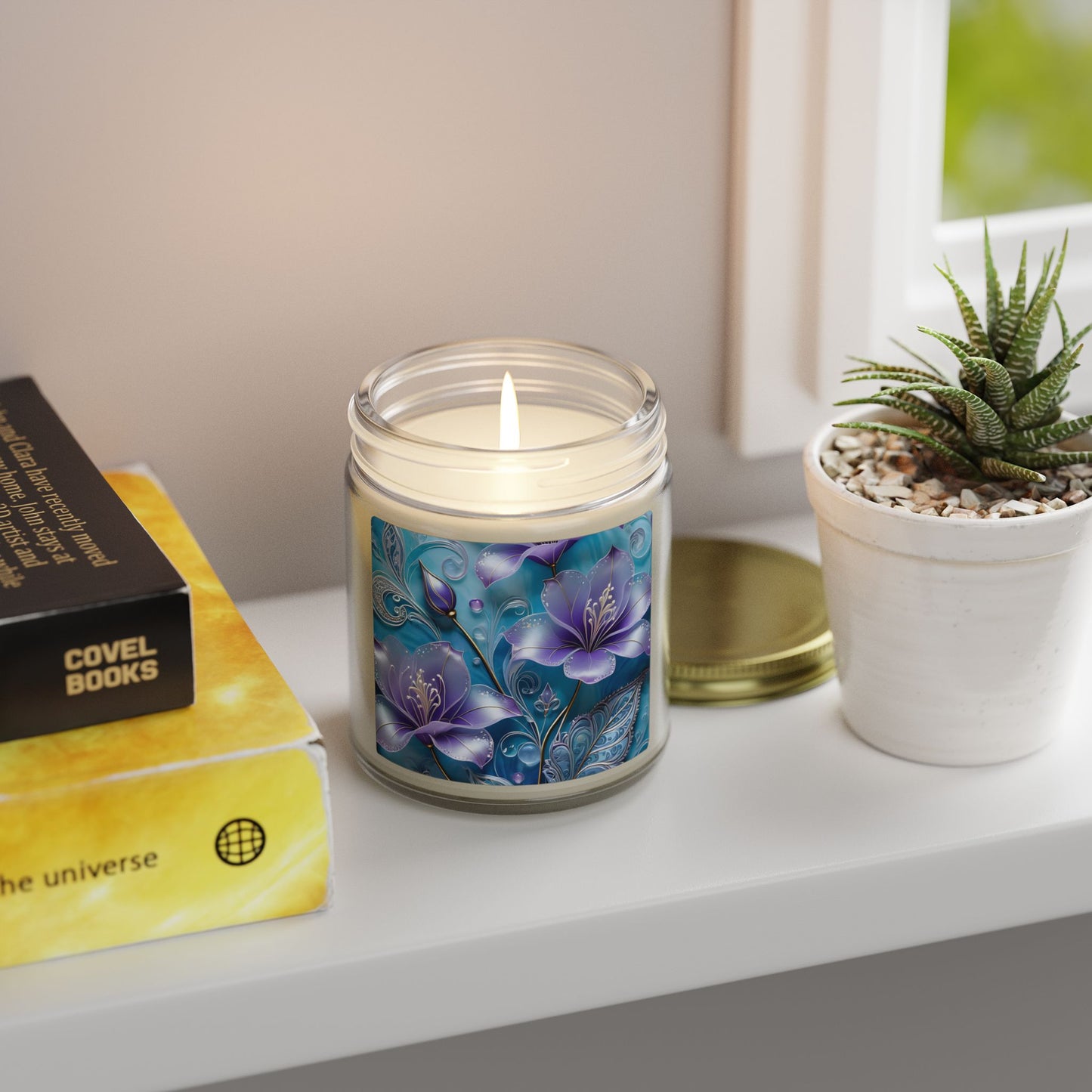 Scented Candle — Coconut Apricot Wax (4oz & 9oz) with Blue Floral Art