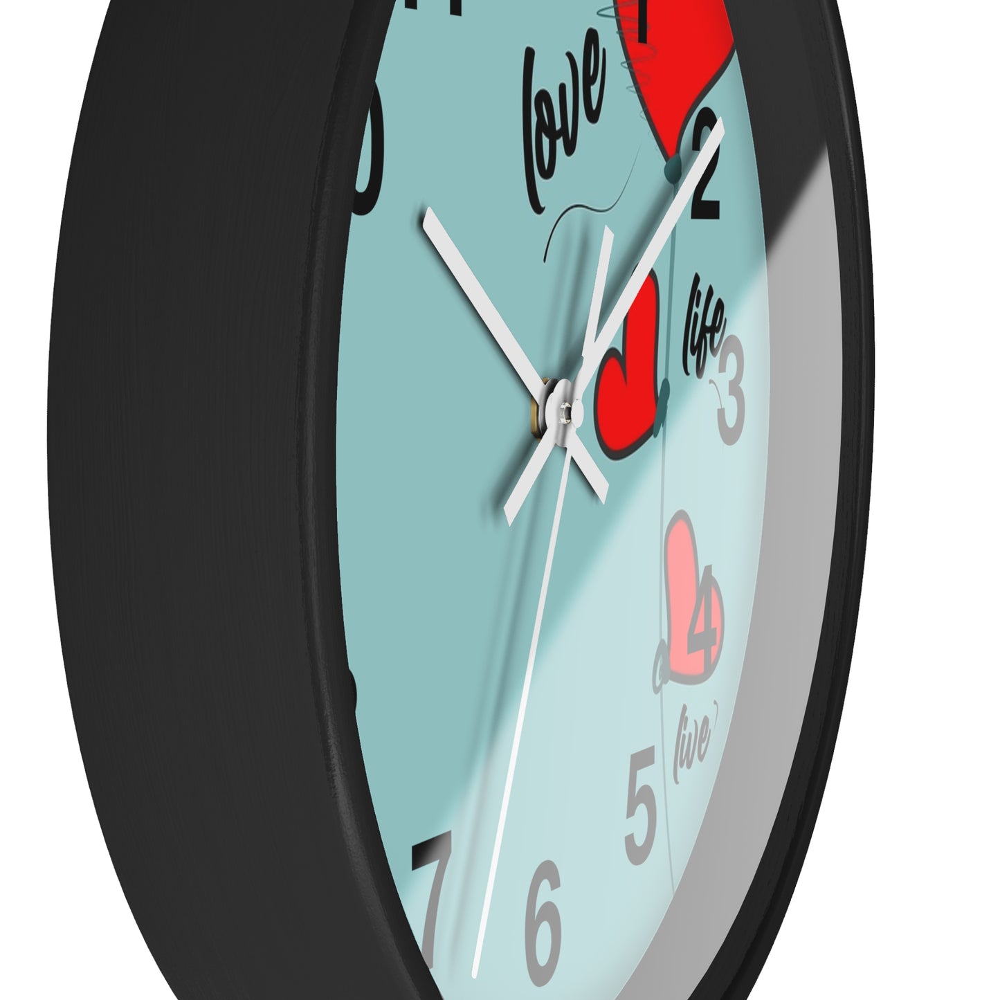 Love Hearts Wall Clock — Retro Teal Clock with Red Hearts & 'Love' Typography