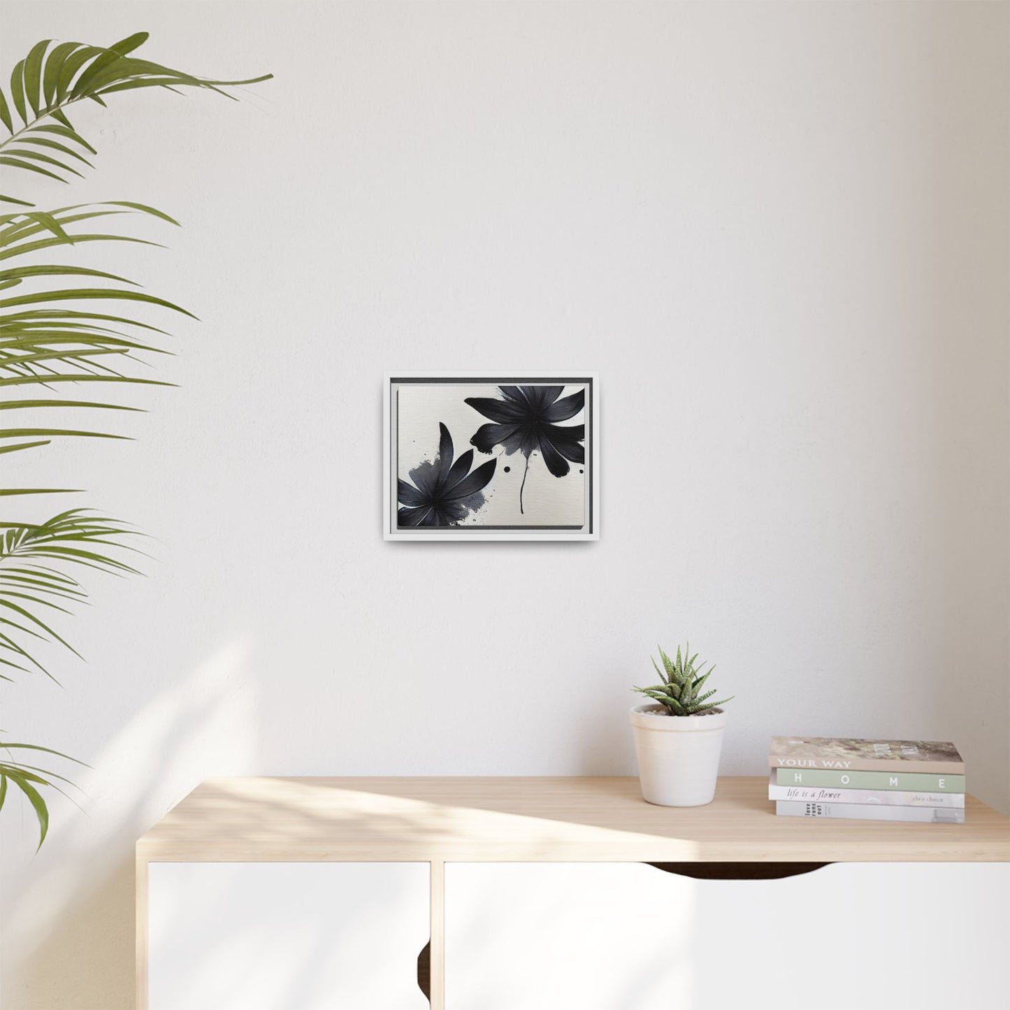 Framed Black Floral Matte Canvas Wall Art — Monochrome Botanical Print