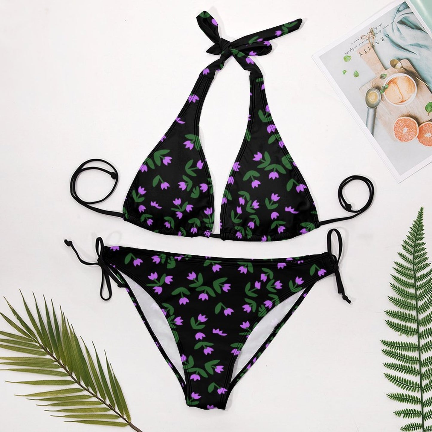 Two Piece Halter Swimsuit Purple Flowers