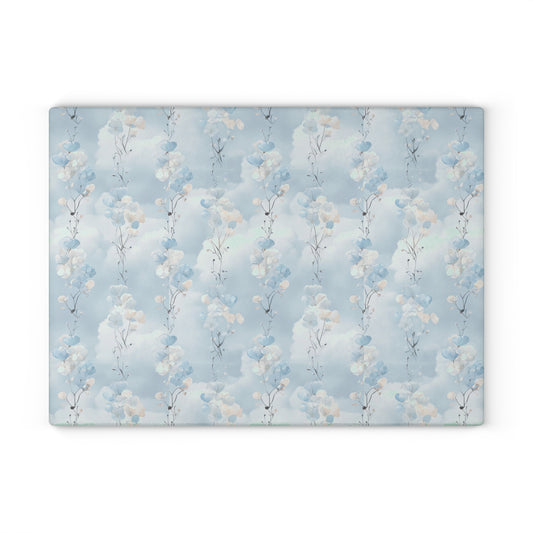 Glass Cutting Board — Soft Blue Watercolor Floral Pattern