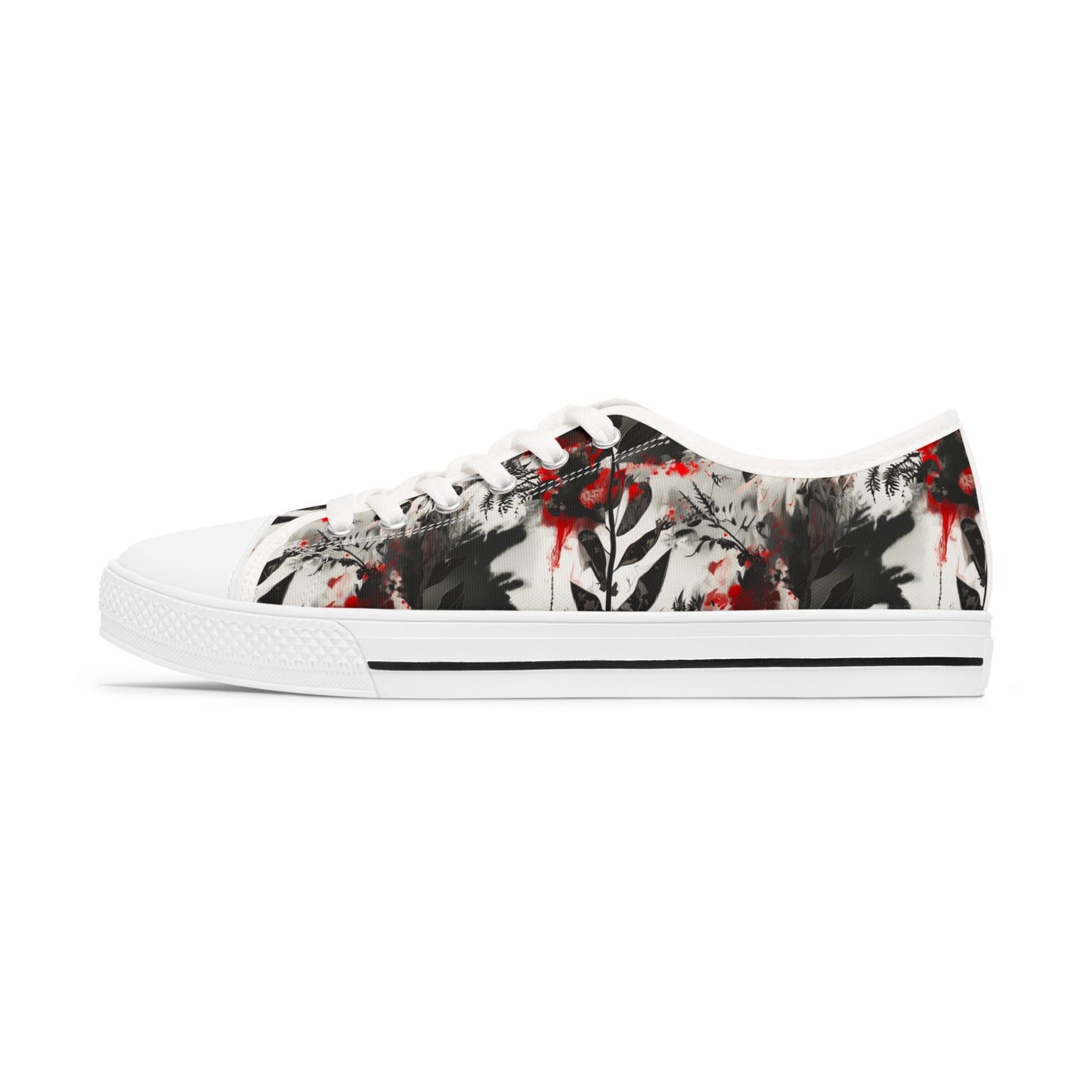 Floral Ink-Blend Low Top Sneakers — Artistic Black & Red Canvas Shoes
