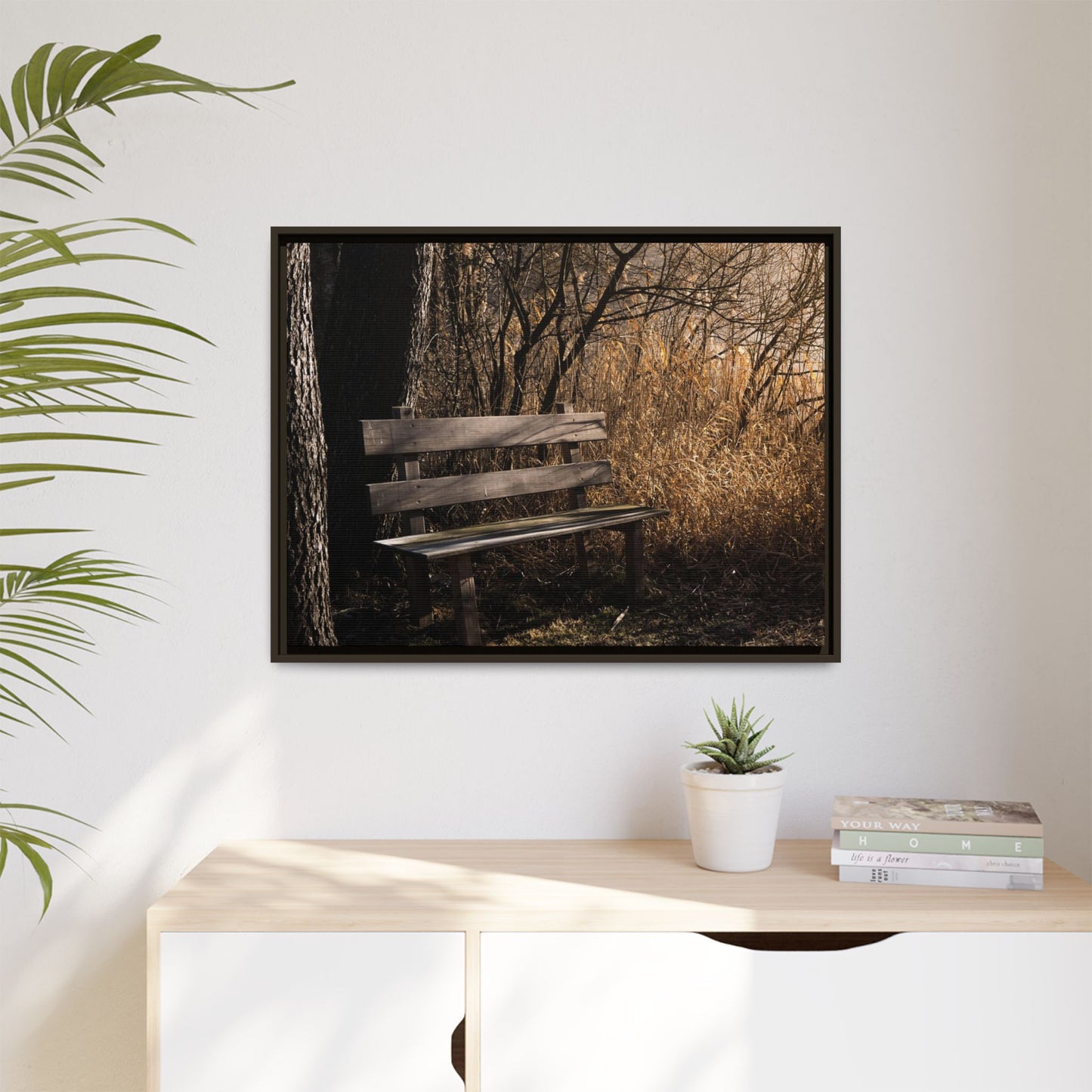 Framed Matte Canvas Print — Autumn Park Bench Photography