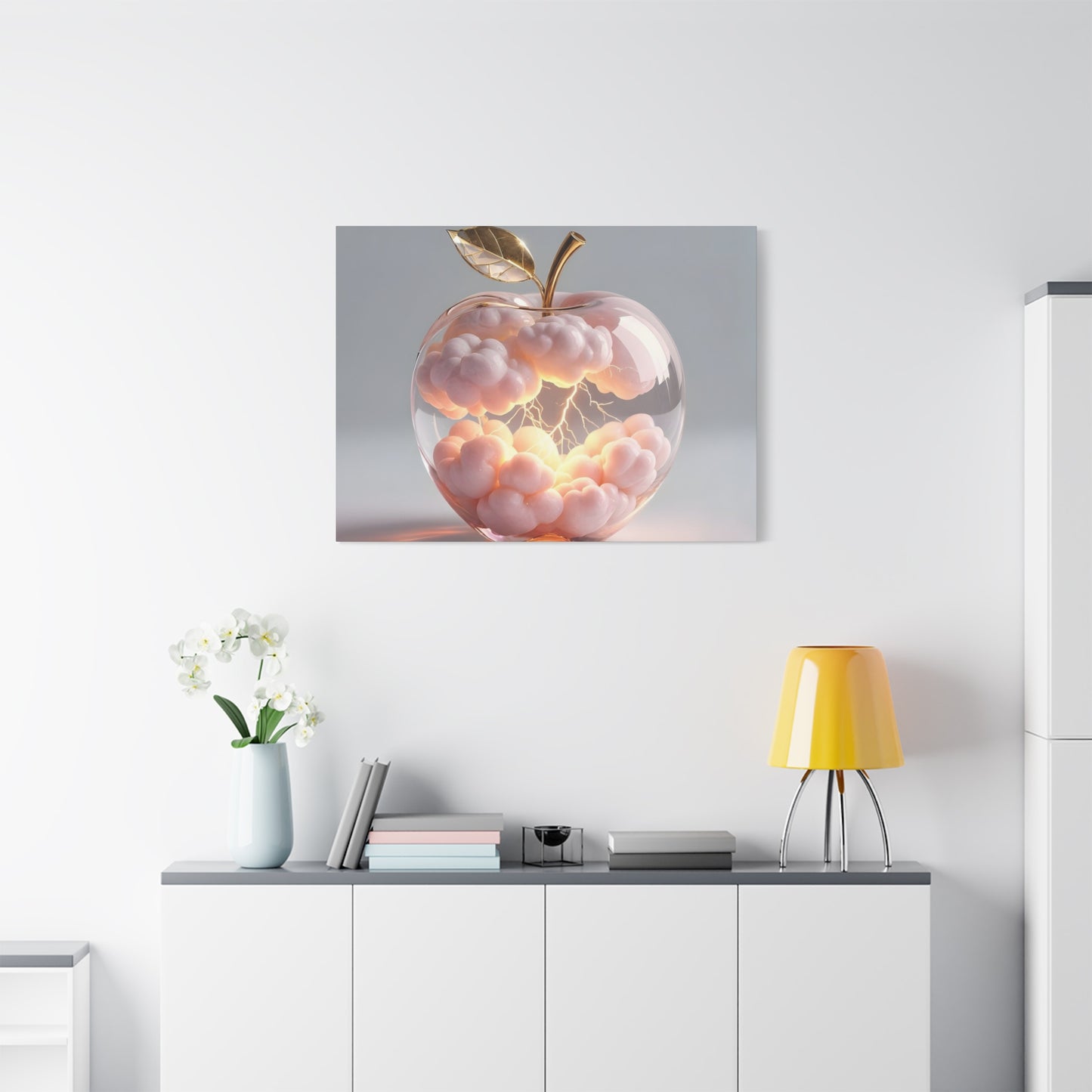 Surreal Glass Apple Canvas – Lightning & Pink Clouds Wall Art