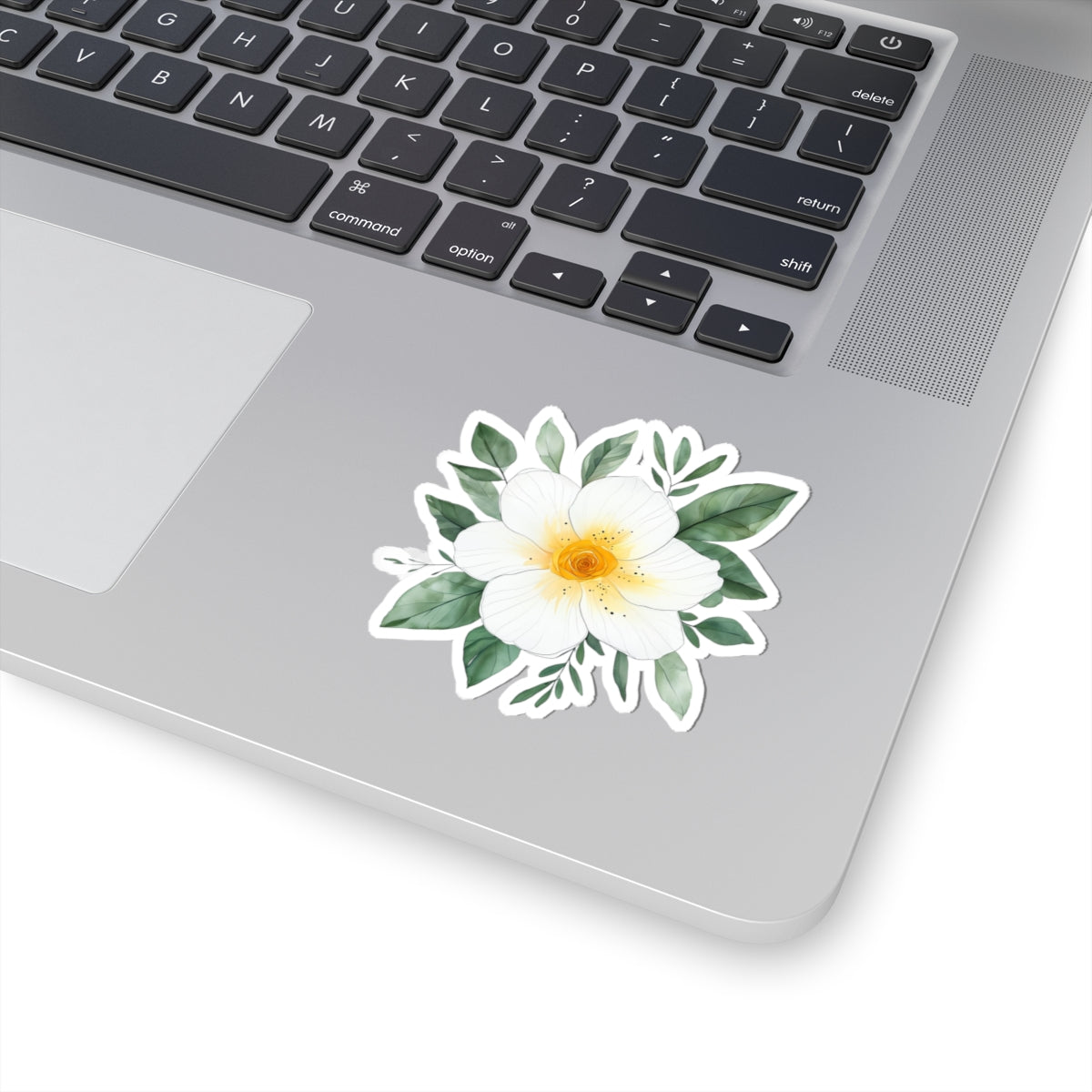White Gardenia Floral Sticker — Watercolor Kiss-Cut Laptop Decal