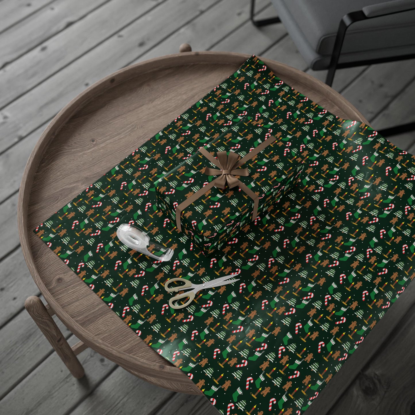 Christmas Wrapping Paper Roll — Gingerbread & Candy Cane Pattern on Dark Green