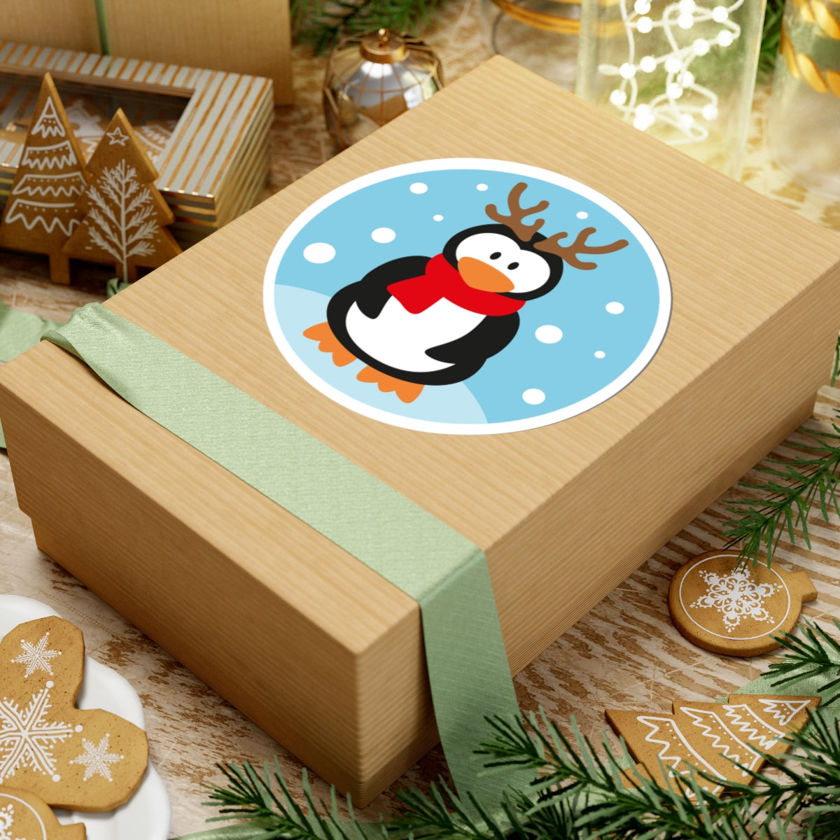 Penguin with Antlers Kiss-Cut Sticker — Cute Holiday Penguin Sticker (Red Scarf, Snowflakes)