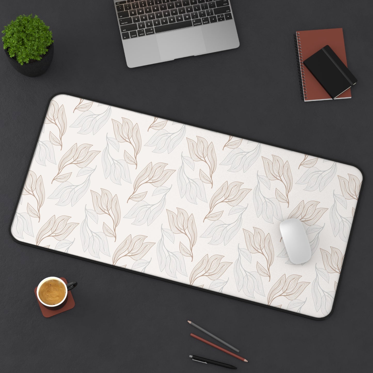 Desk Mat — Neutral Leaf Pattern Desk Mat (Beige Minimal Botanical Mousepad)
