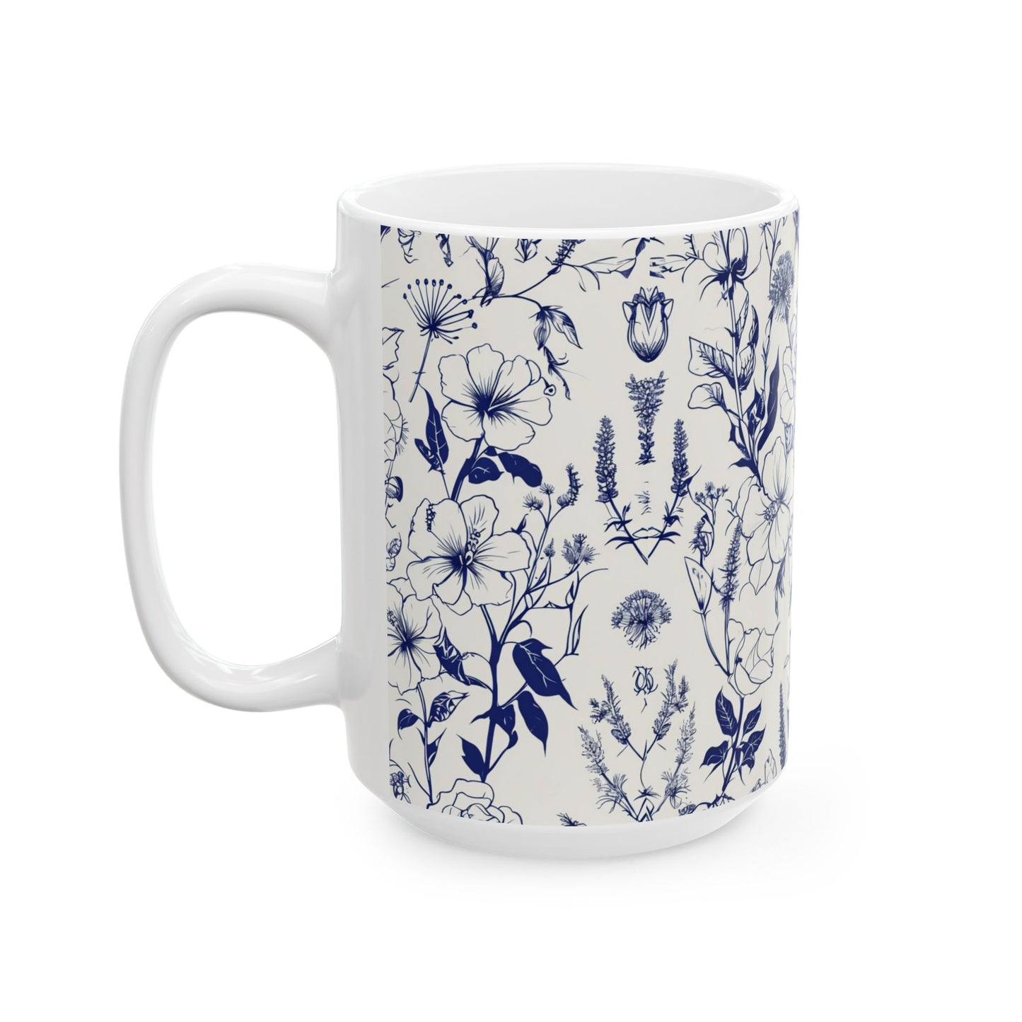 Blue Floral Ceramic Mug — Vintage Navy Botanical Coffee Cup (11oz, 15oz)