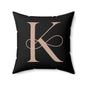 Monogram K Decorative Pillow — Elegant Rose Gold Letter on Black Accent Cushion