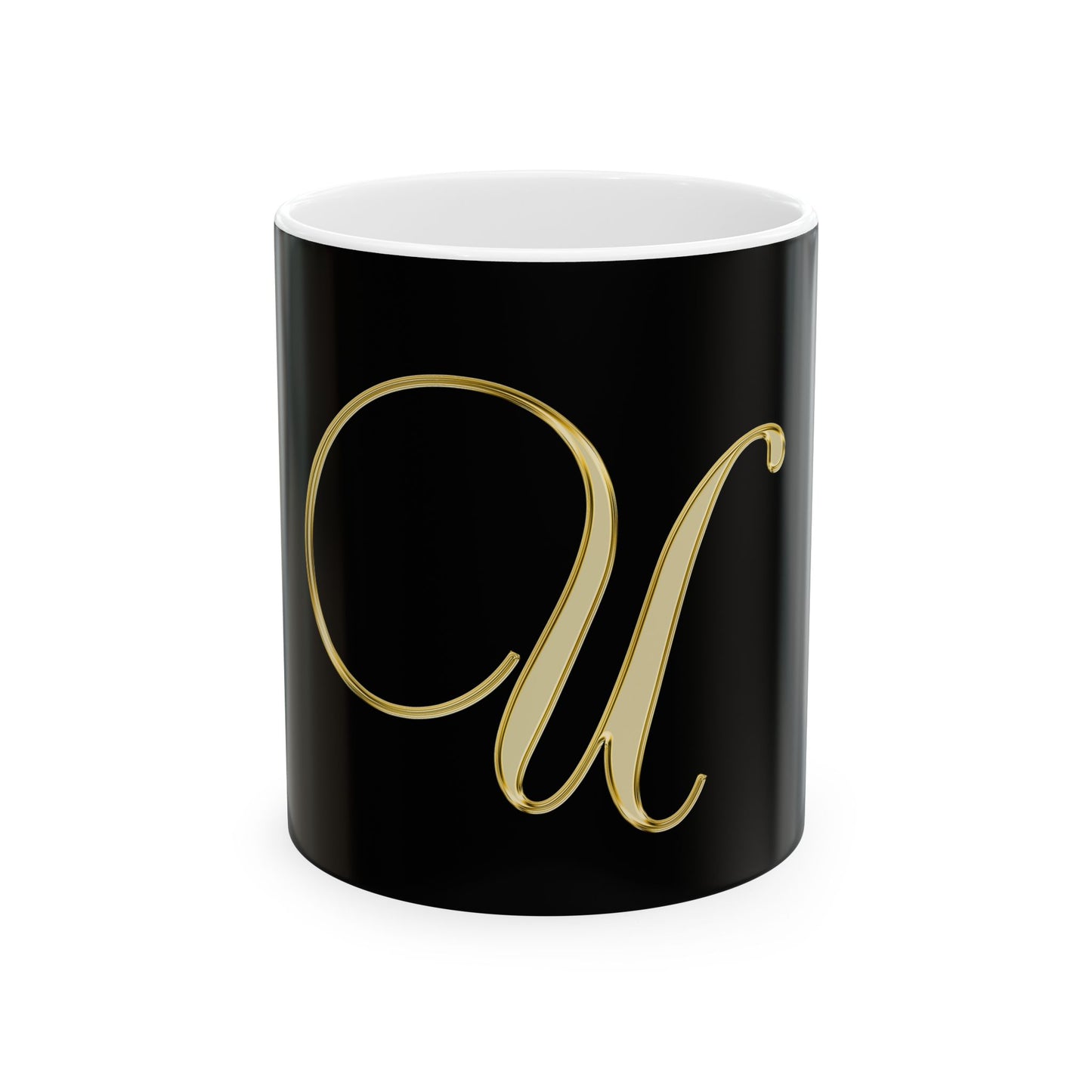 Gold Script Letter 'U' Black Ceramic Mug (11oz, 15oz)