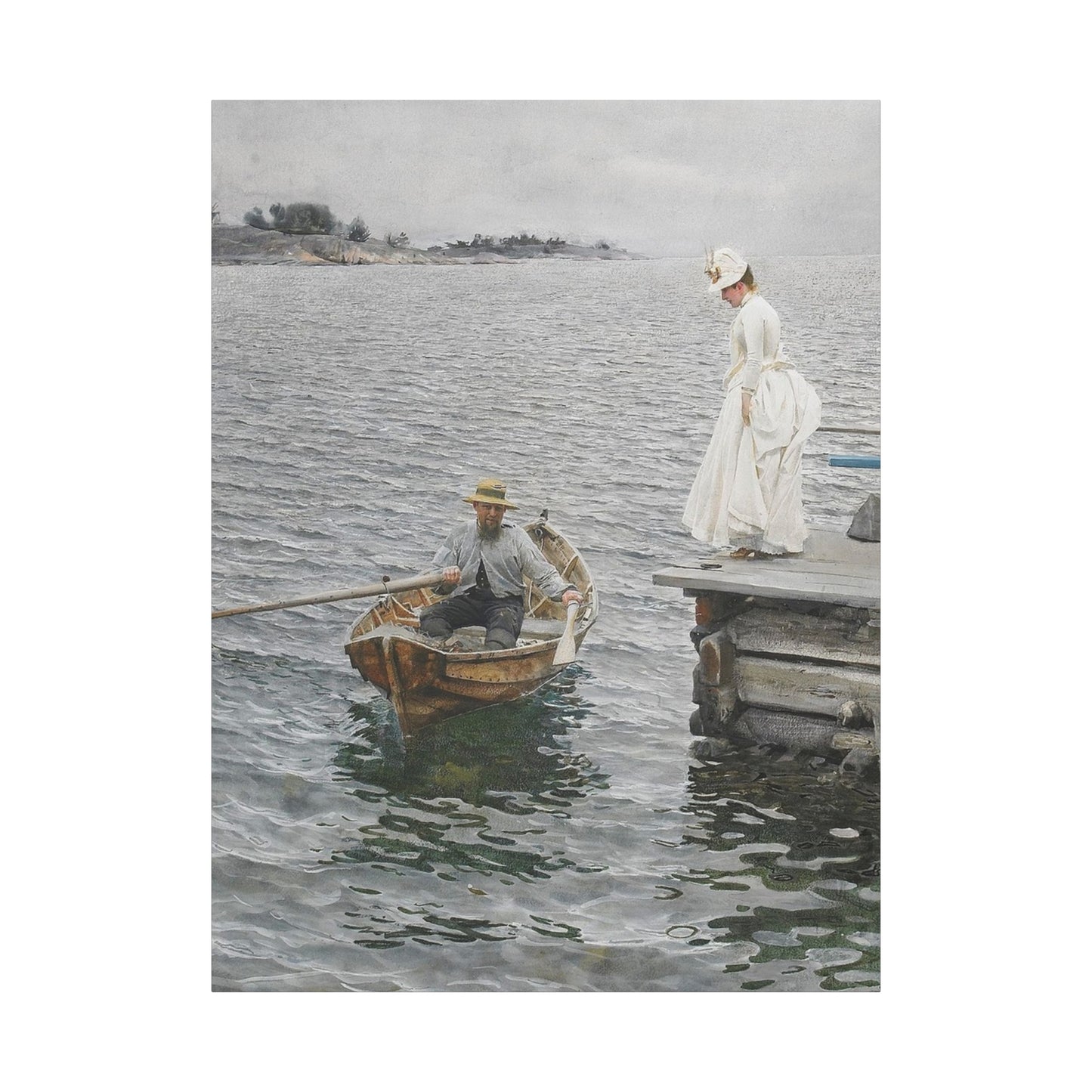Seaside Stroll Canvas Print — Vintage Woman & Rowboat Matte Stretched Art 1.25"