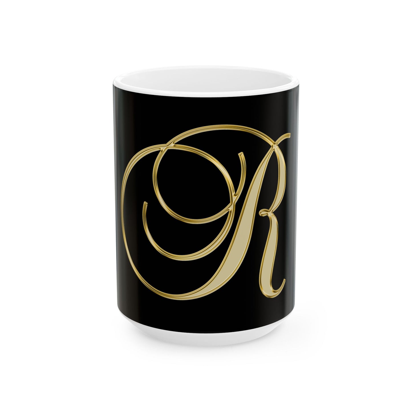 Gold Script Letter "R" Black Ceramic Mug — Elegant Monogram Coffee Cup (11oz & 15oz)