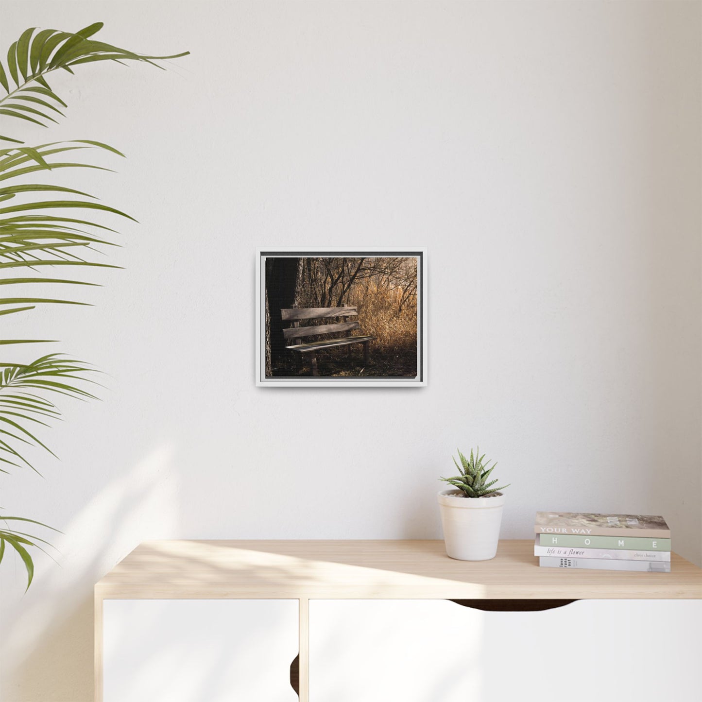 Framed Matte Canvas Print — Autumn Park Bench Photography