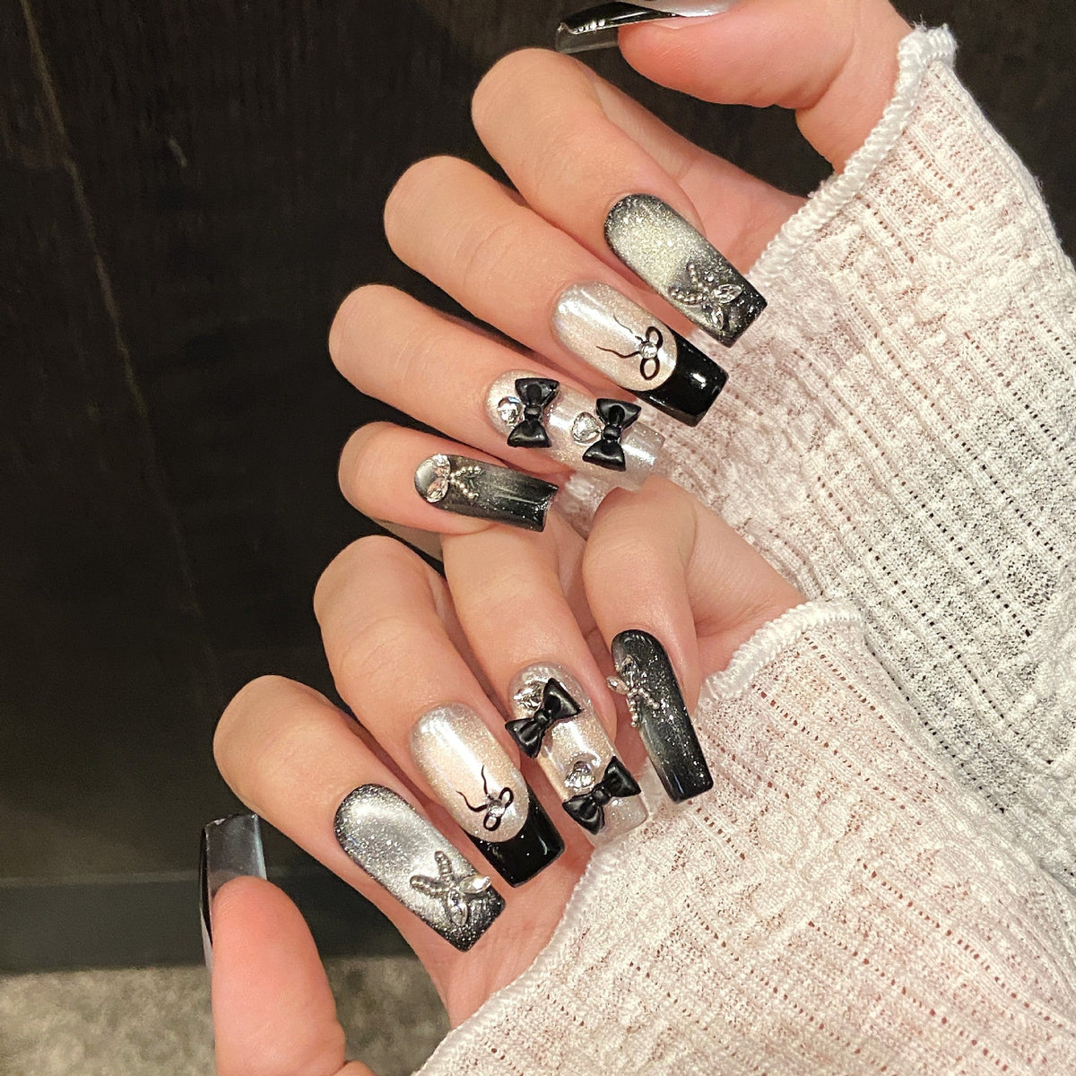 365nails: "Midnight Soiree" – 3D Bowknot & Butterfly Handmade Coffin Nails – Image 3