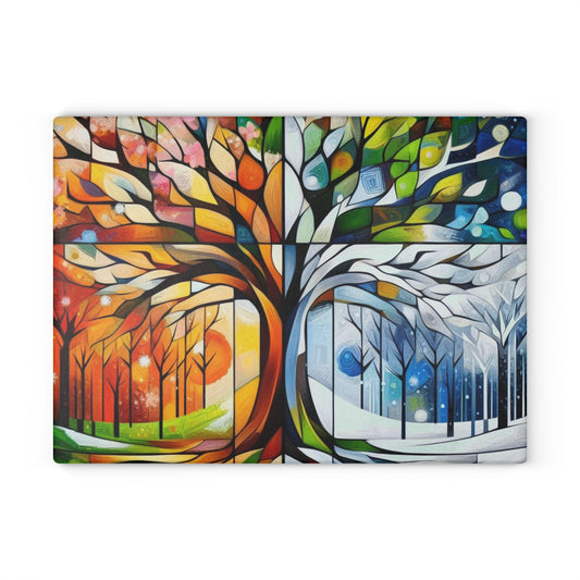 Four Seasons Tree Glass Cutting Board — Colorful Seasonal Kitchen Decor