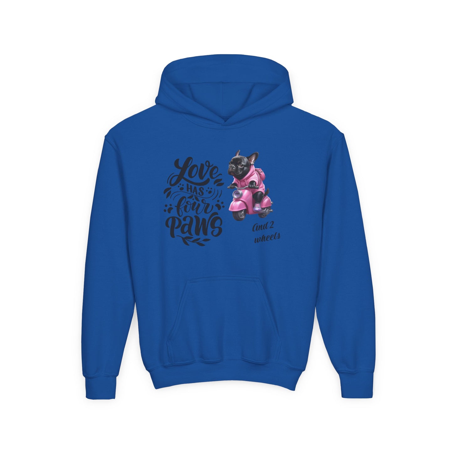 Youth Hoodie — "Love Has Four Paws" Pink Scooter French Bulldog Graphic