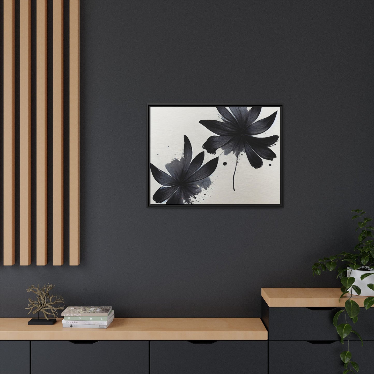 Framed Black Floral Matte Canvas Wall Art — Monochrome Botanical Print