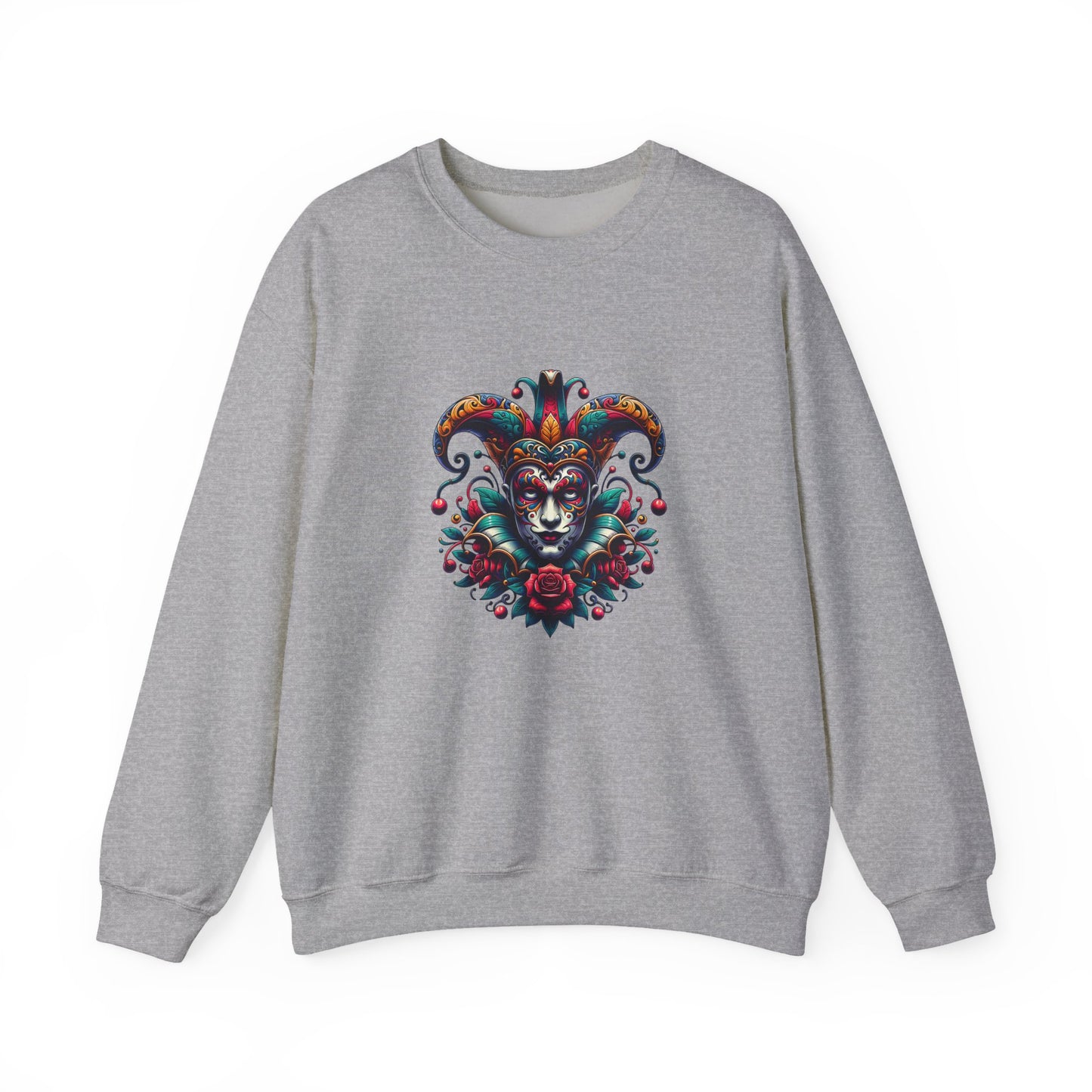 Colorful Jester Sweatshirt, Unisex Heavy Blend Crewneck, Unique Art Apparel, Trendy Fashion, Cozy Gift for Adults