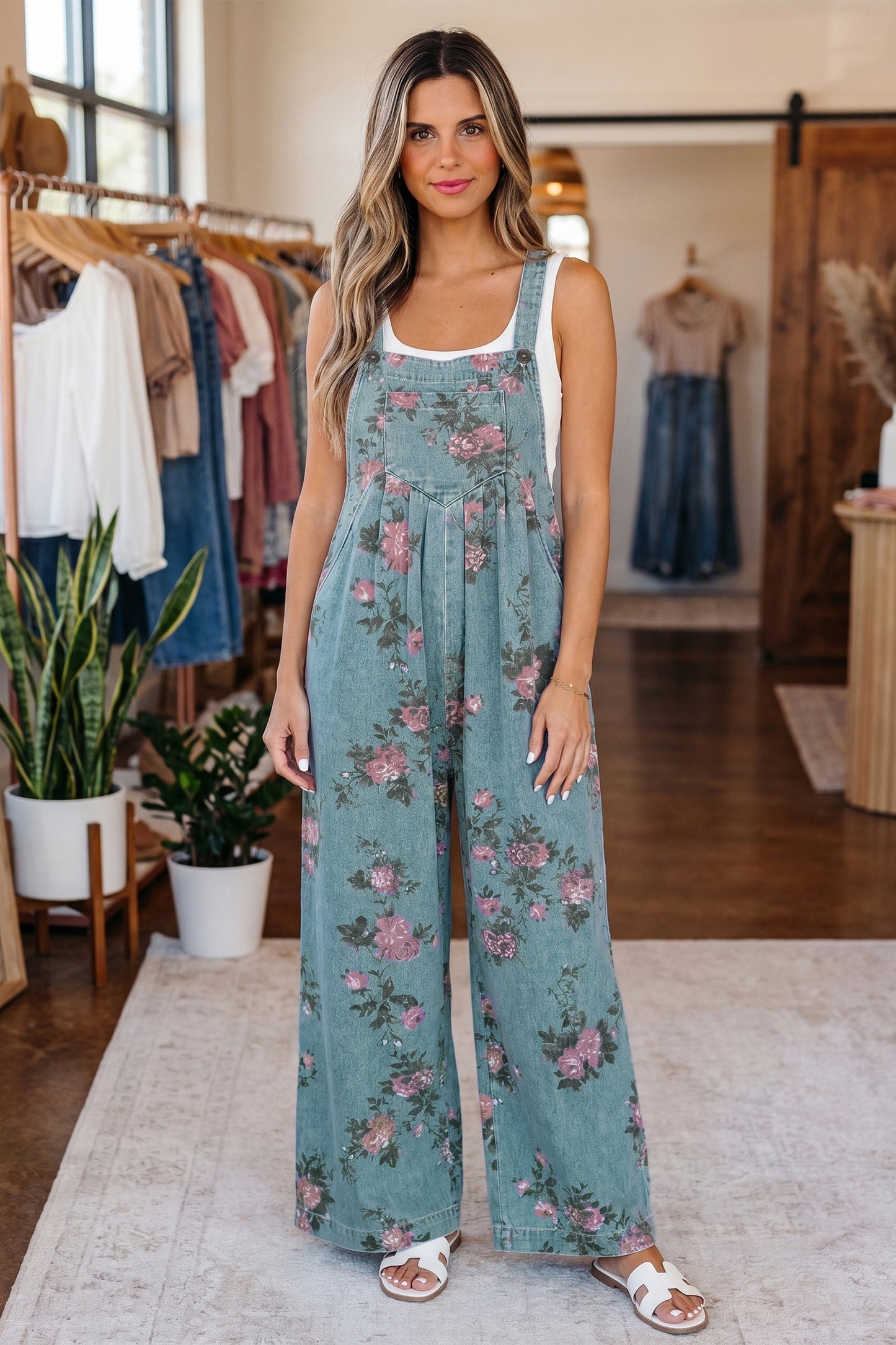 Beau Blue Floral Print Pleated High Waist Wide Leg Denim Jumpsuit