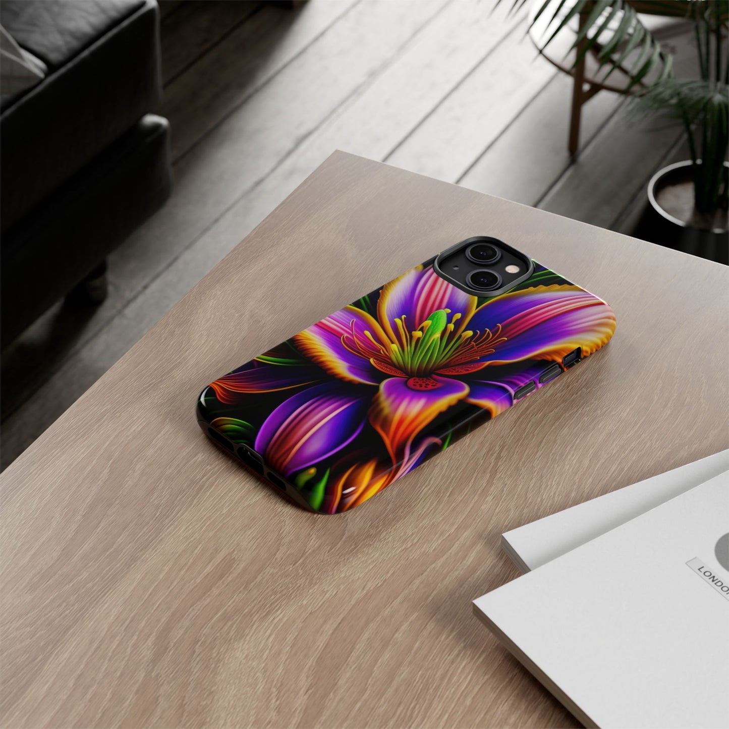 Floral Neon Tough Phone Case — Vivid Purple & Orange Lily Protective Cover